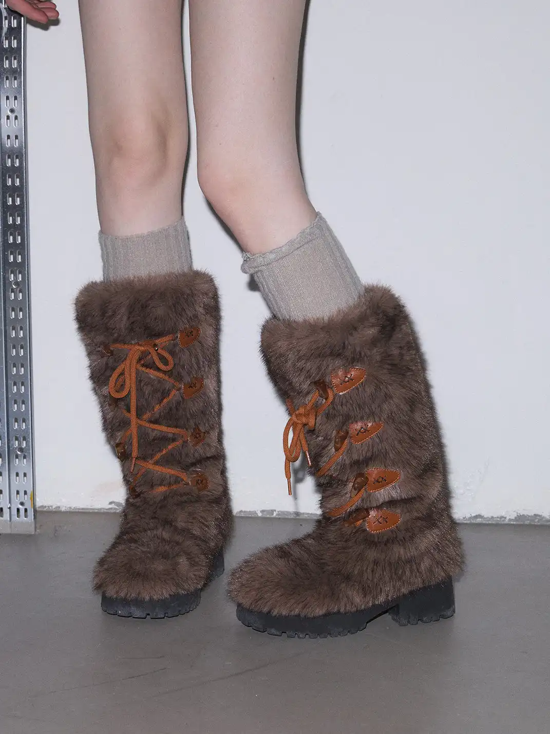 Mooreyu Atelier | Round-Toe Lace-Up Cotton Boots-Brown