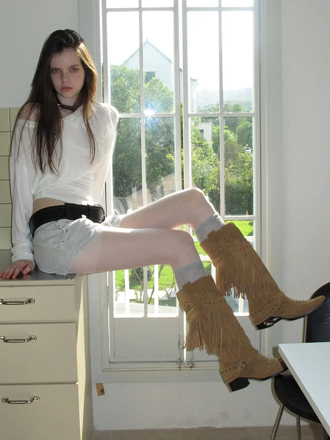 Mooreyu Atelier | Denim Suede Studded Tassel Riding Boots