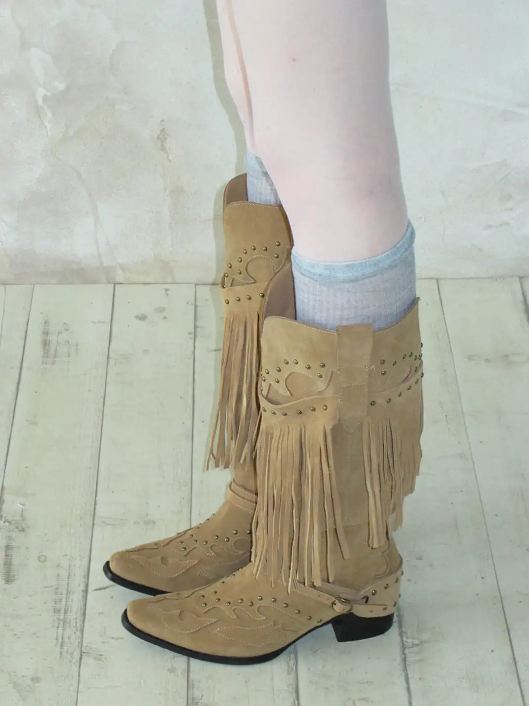 Mooreyu Atelier | Denim Suede Studded Tassel Riding Boots