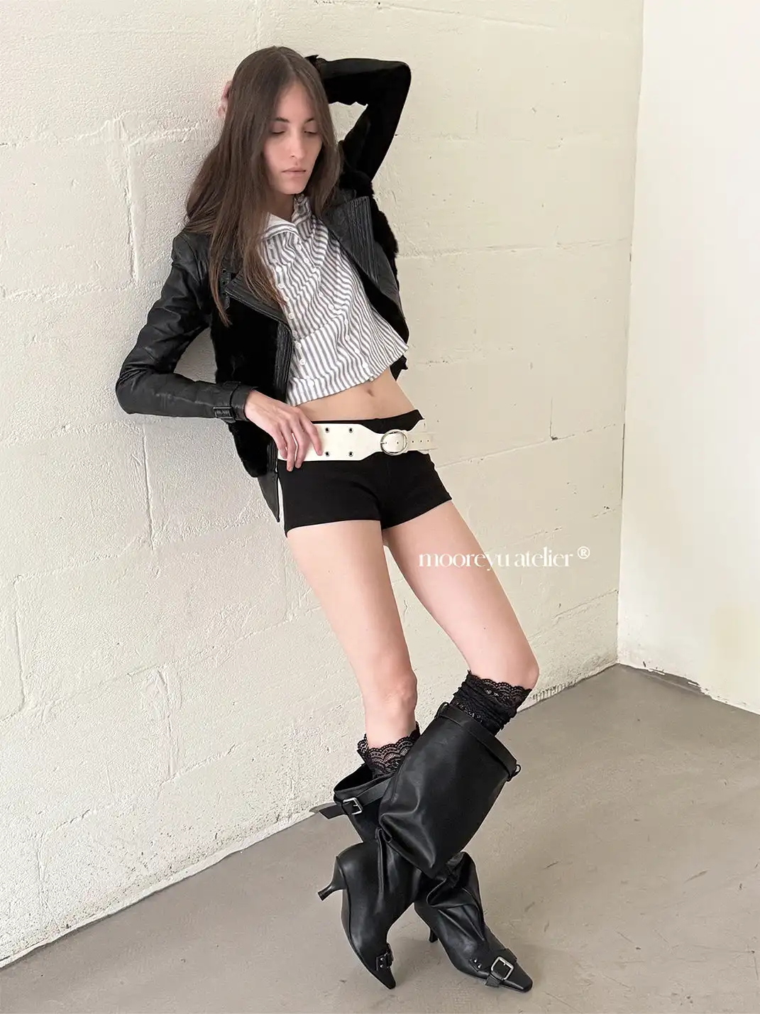 Mooreyu Atelier | Retro Belt Buckle Pointed-Toe Riding Boots