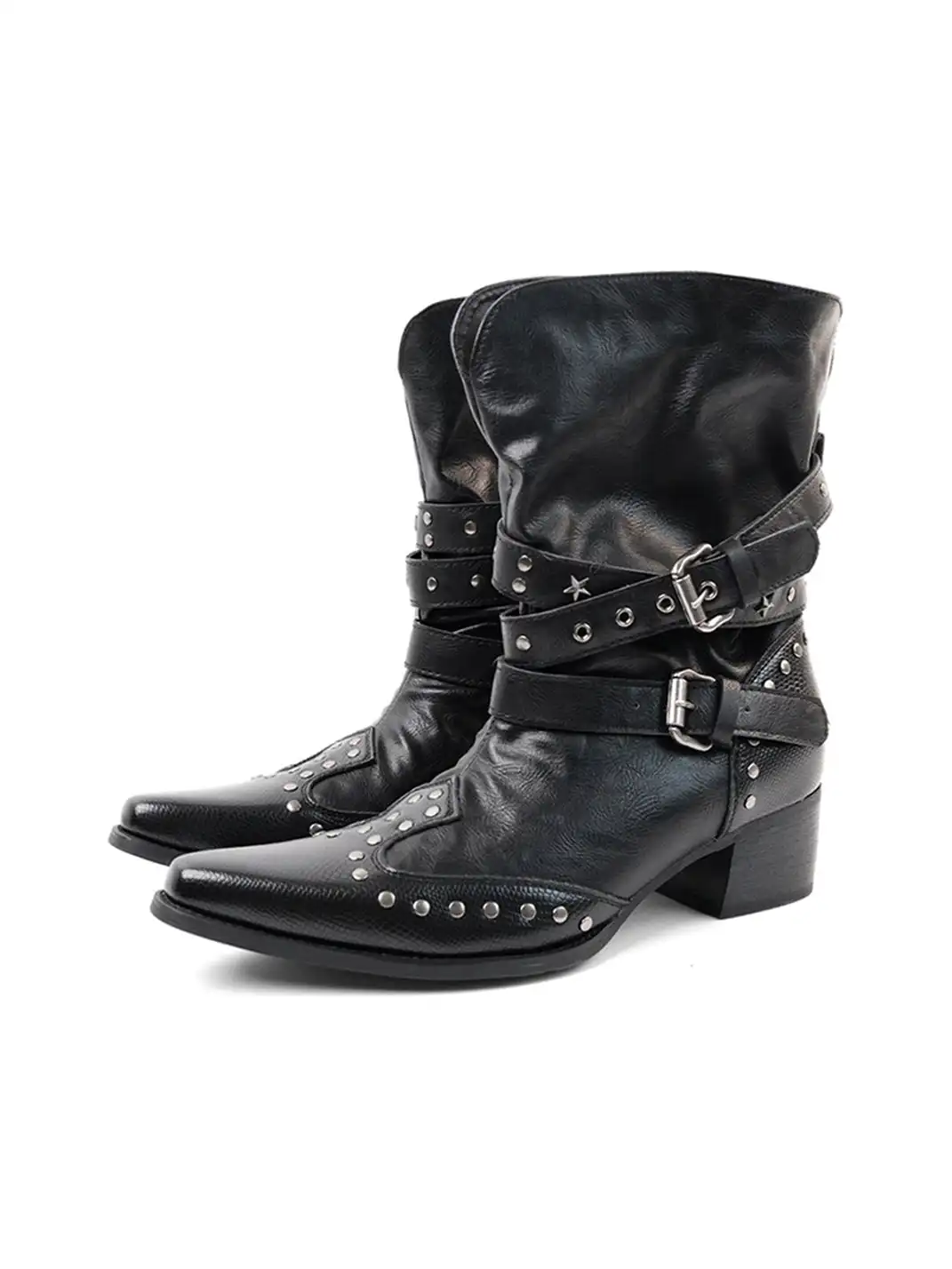 Mooreyu Atelier | Studded Chunky Heel Pointed-Toe Western Cowboy Boots