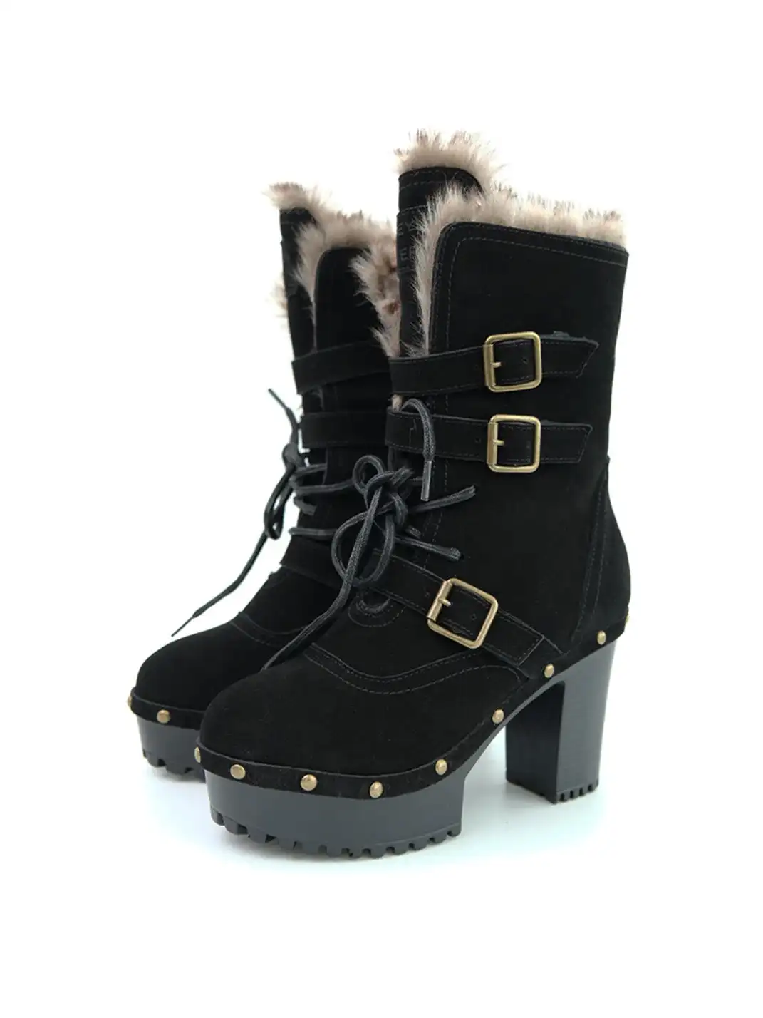 Mooreyu Atelier | Retro Lace-Up Fleece-Lined High-Heeled Boots