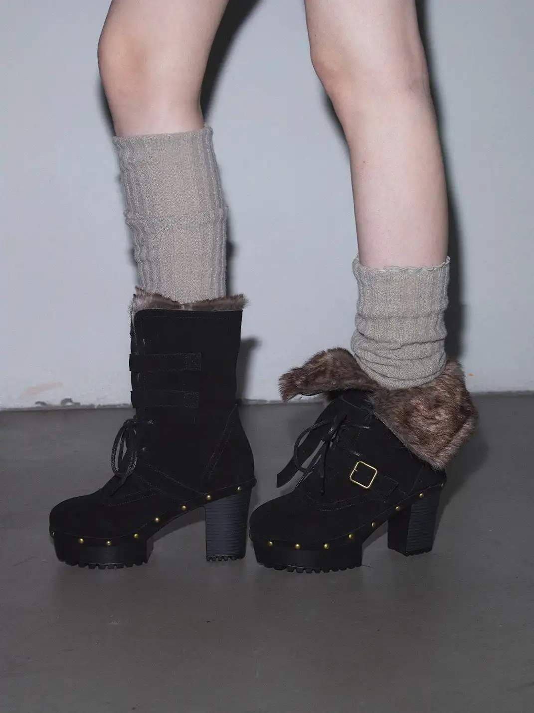 Mooreyu Atelier | Retro Lace-Up Fleece-Lined High-Heeled Boots