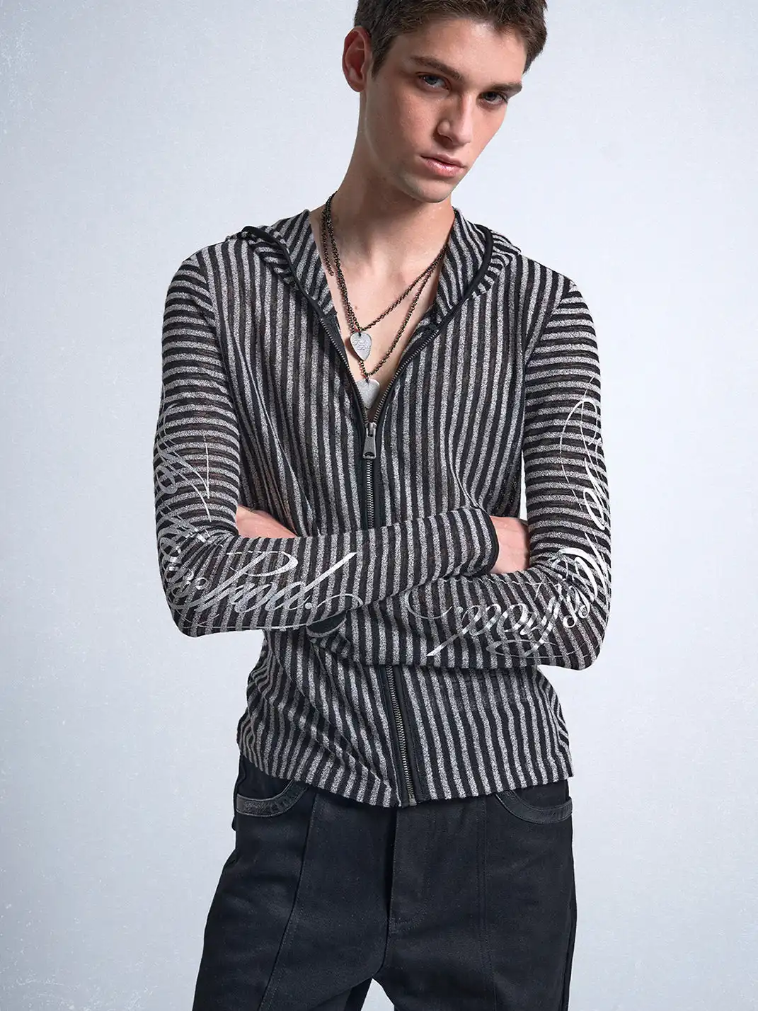 noEmosen | Irregular Retro Striped Cutout Hooded Sweatshirt
