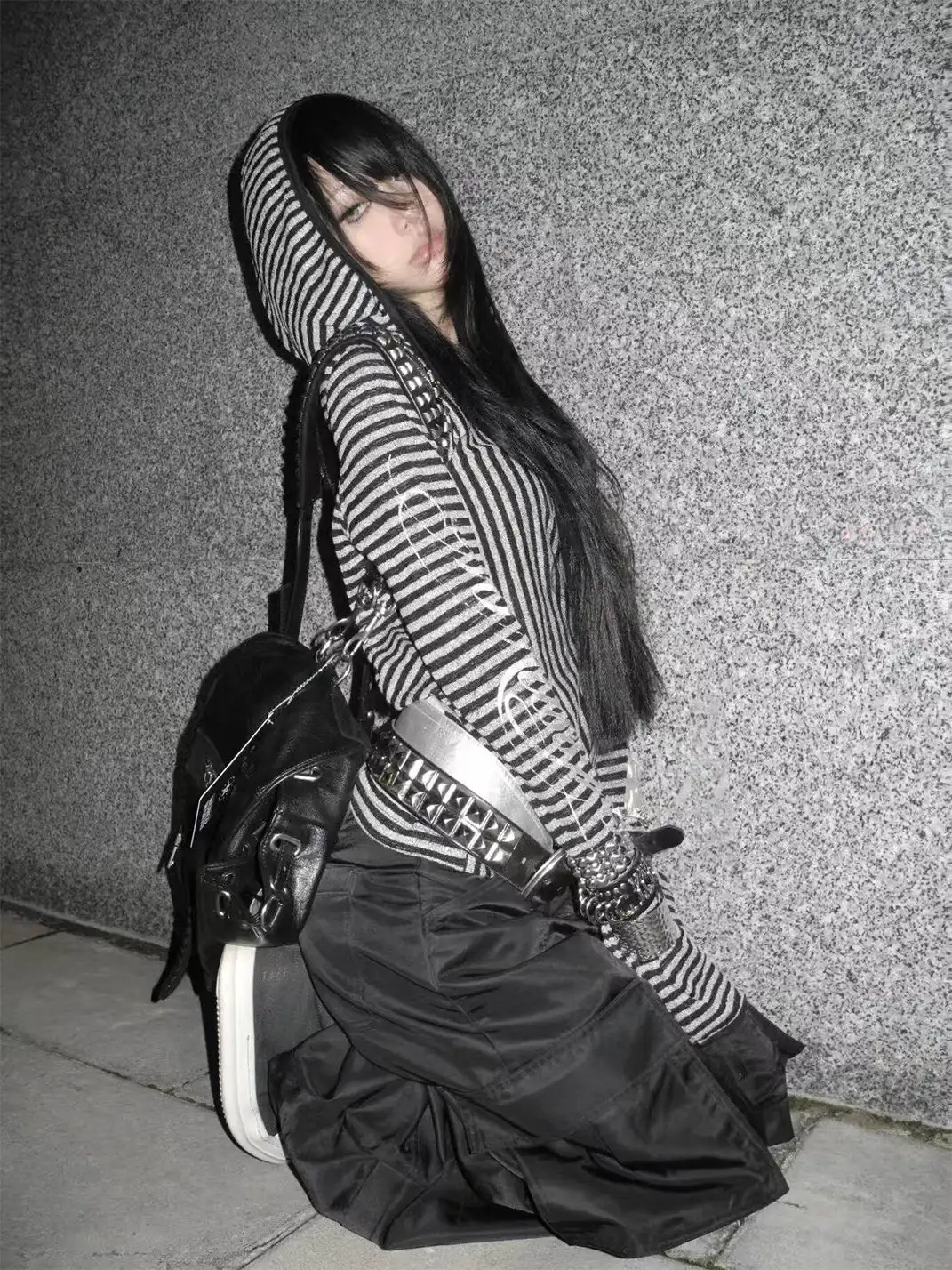noEmosen | Irregular Retro Striped Cutout Hooded Sweatshirt