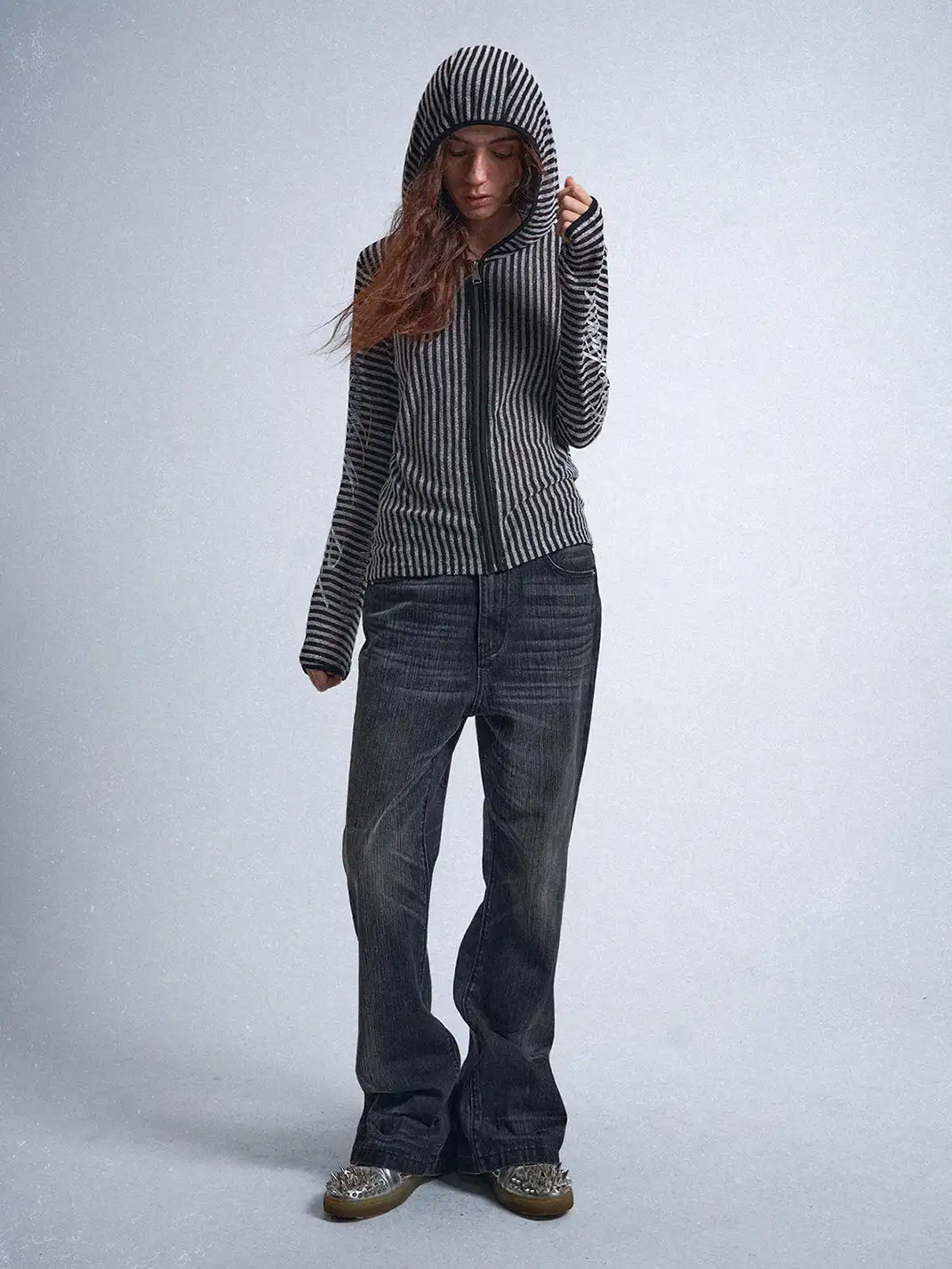 noEmosen | Irregular Retro Striped Cutout Hooded Sweatshirt