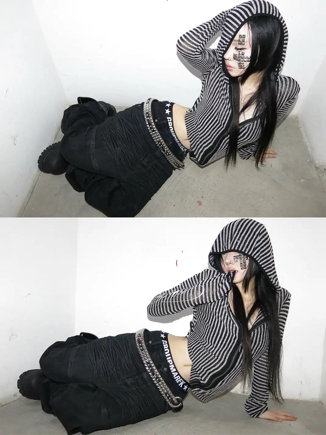 noEmosen | Irregular Retro Striped Cutout Hooded Sweatshirt