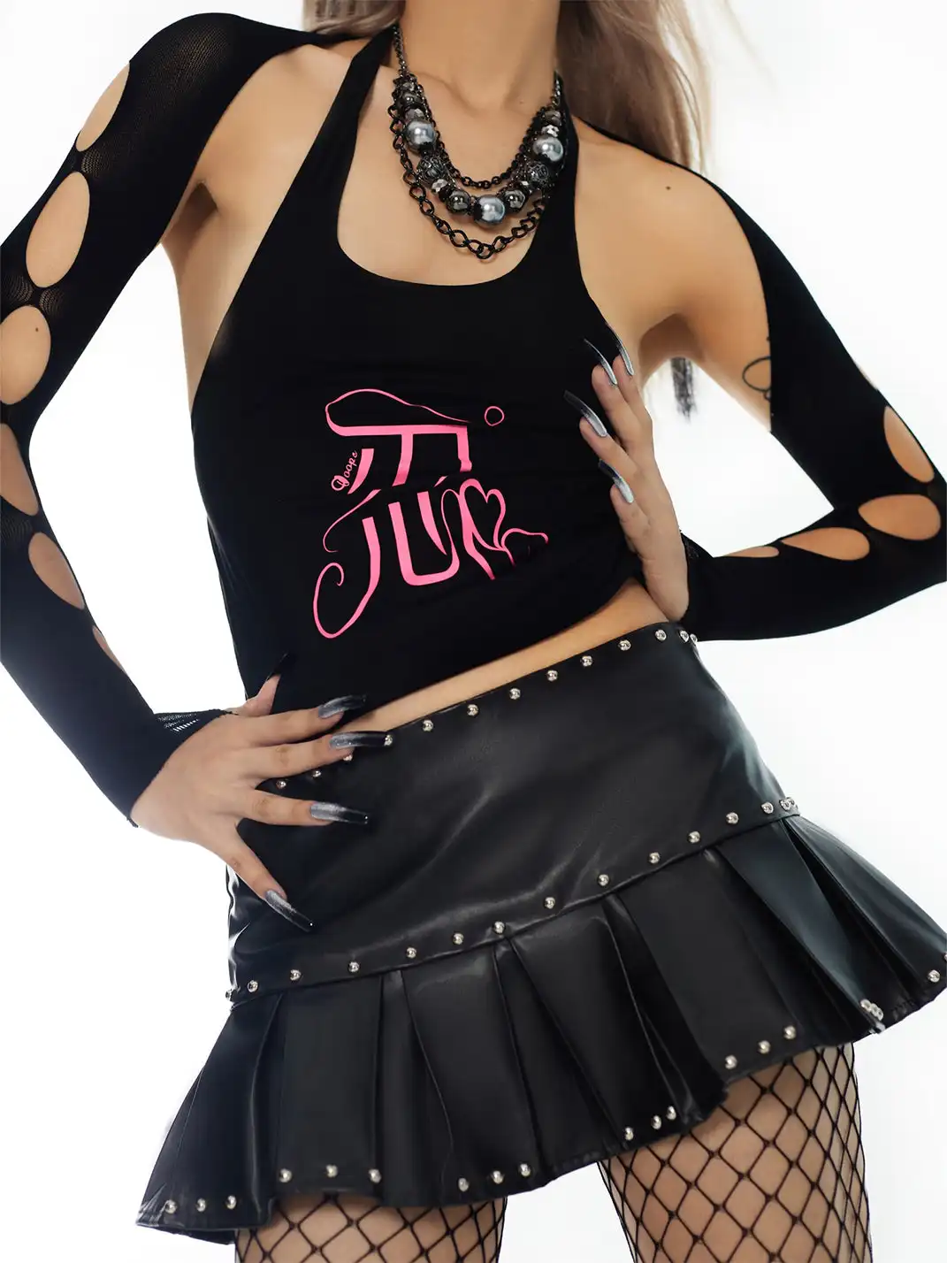 Ooops333 | Black Studded Pleated Low-Waisted Mini Skirt Pants