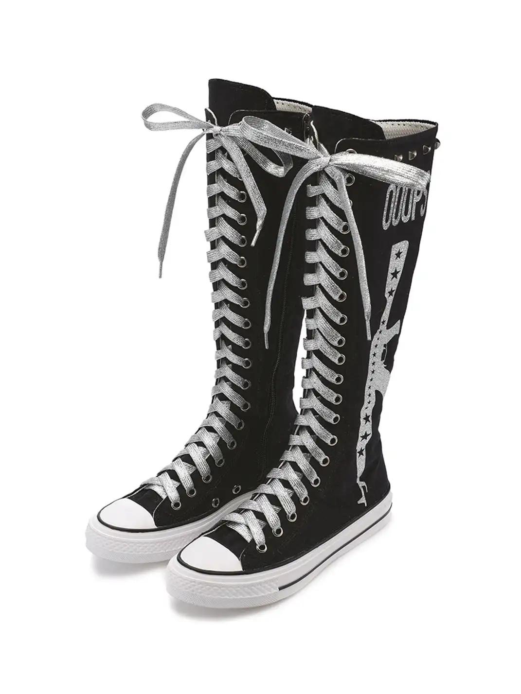 Ooops333 | Heavy-Duty Studded Printed Canvas Flat Boots