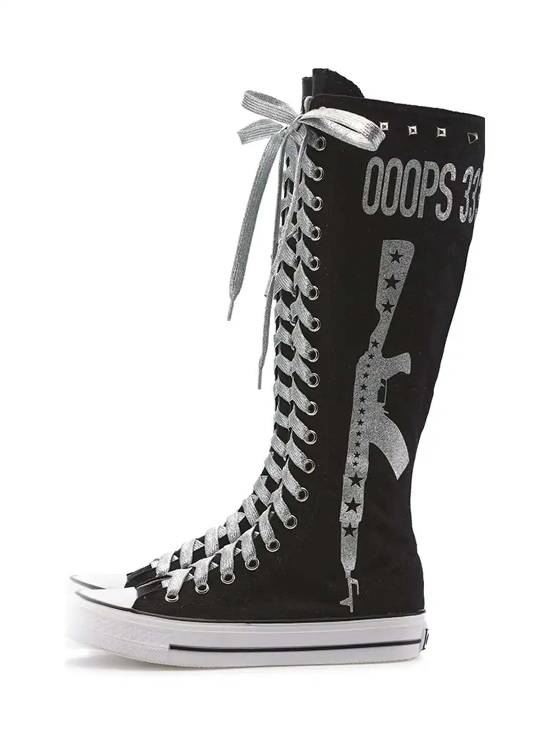 Ooops333 | Heavy-Duty Studded Printed Canvas Flat Boots