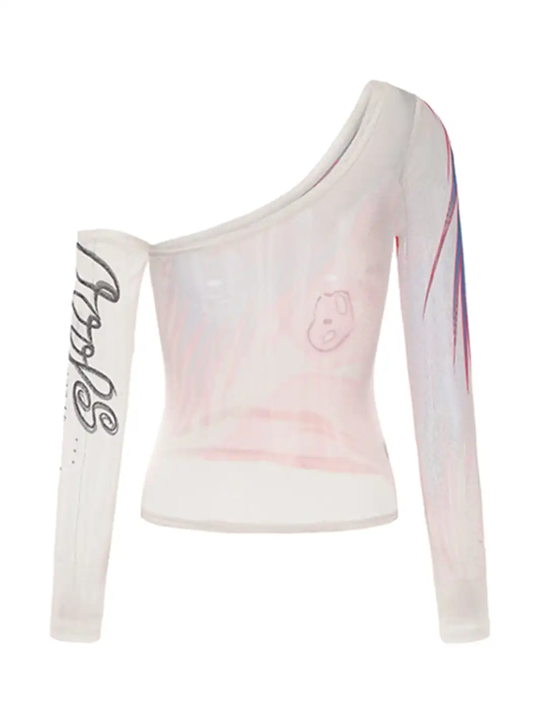 Ooops333 | Printed Sheer Mesh Off-Shoulder Top
