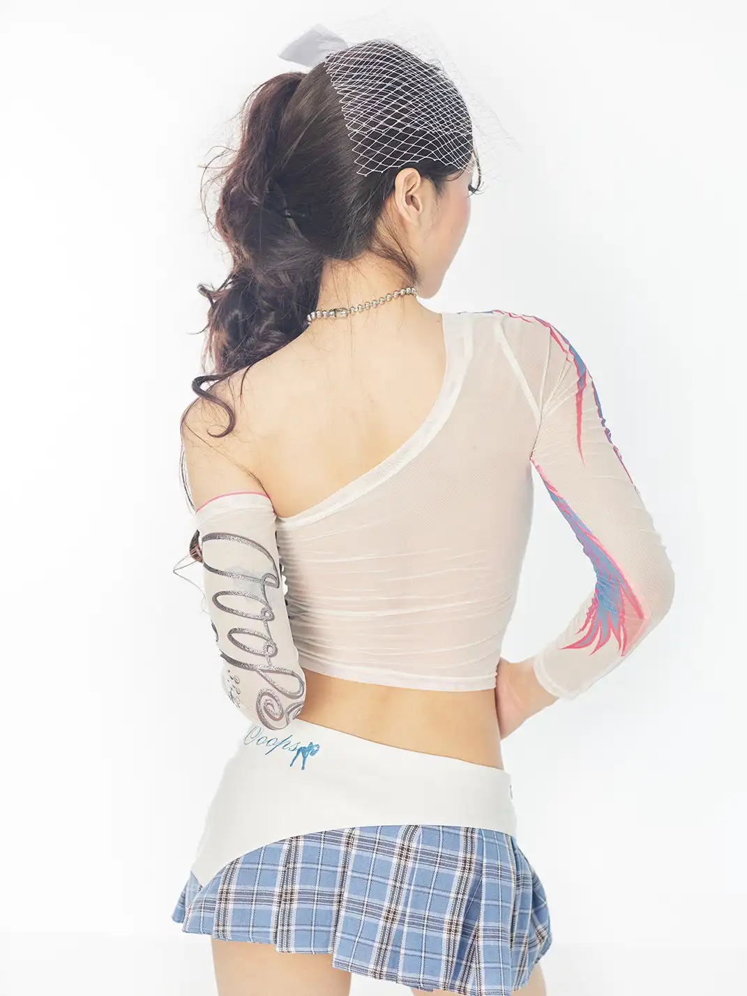 Ooops333 | Printed Sheer Mesh Off-Shoulder Top