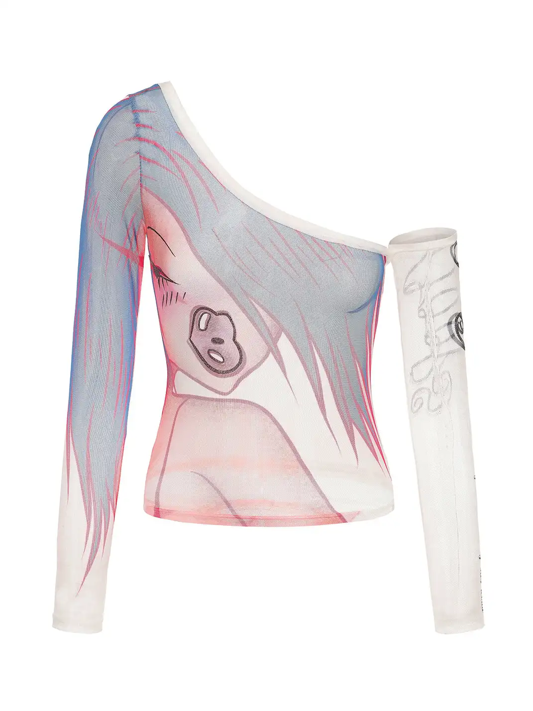 Ooops333 | Printed Sheer Mesh Off-Shoulder Top