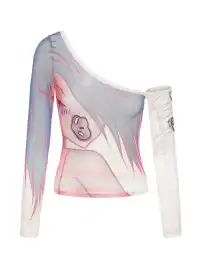 Ooops333 | Printed Sheer Mesh Off-Shoulder Top