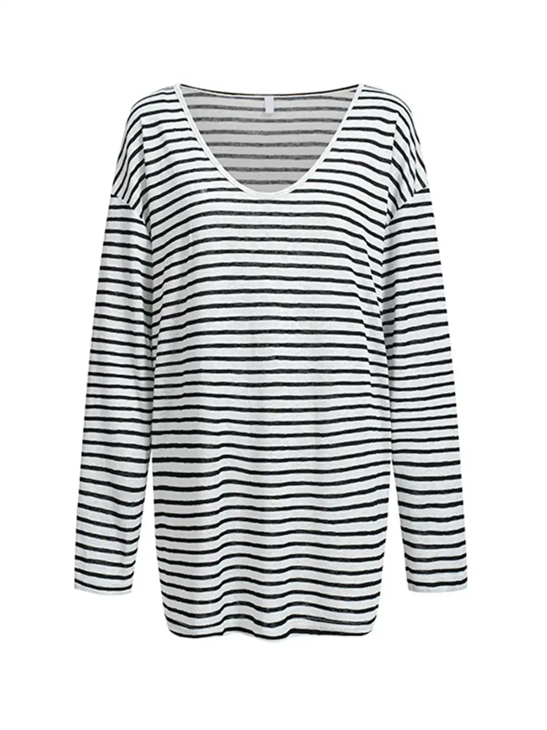 itsdinn | U-Neck Striped Long-Sleeved T-Shirt