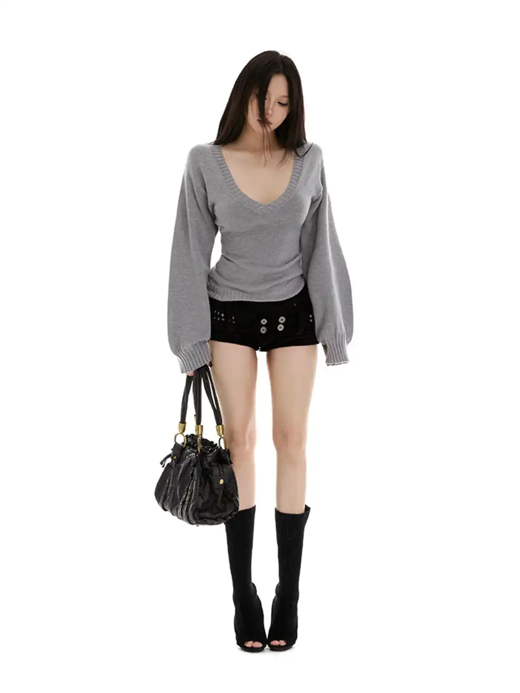 itsdinn | V-Neck Fitted Waist Lantern Sleeve Knit Sweater