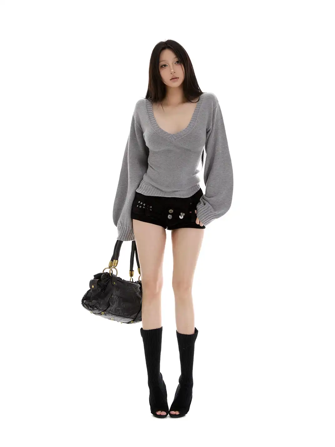 itsdinn | V-Neck Fitted Waist Lantern Sleeve Knit Sweater
