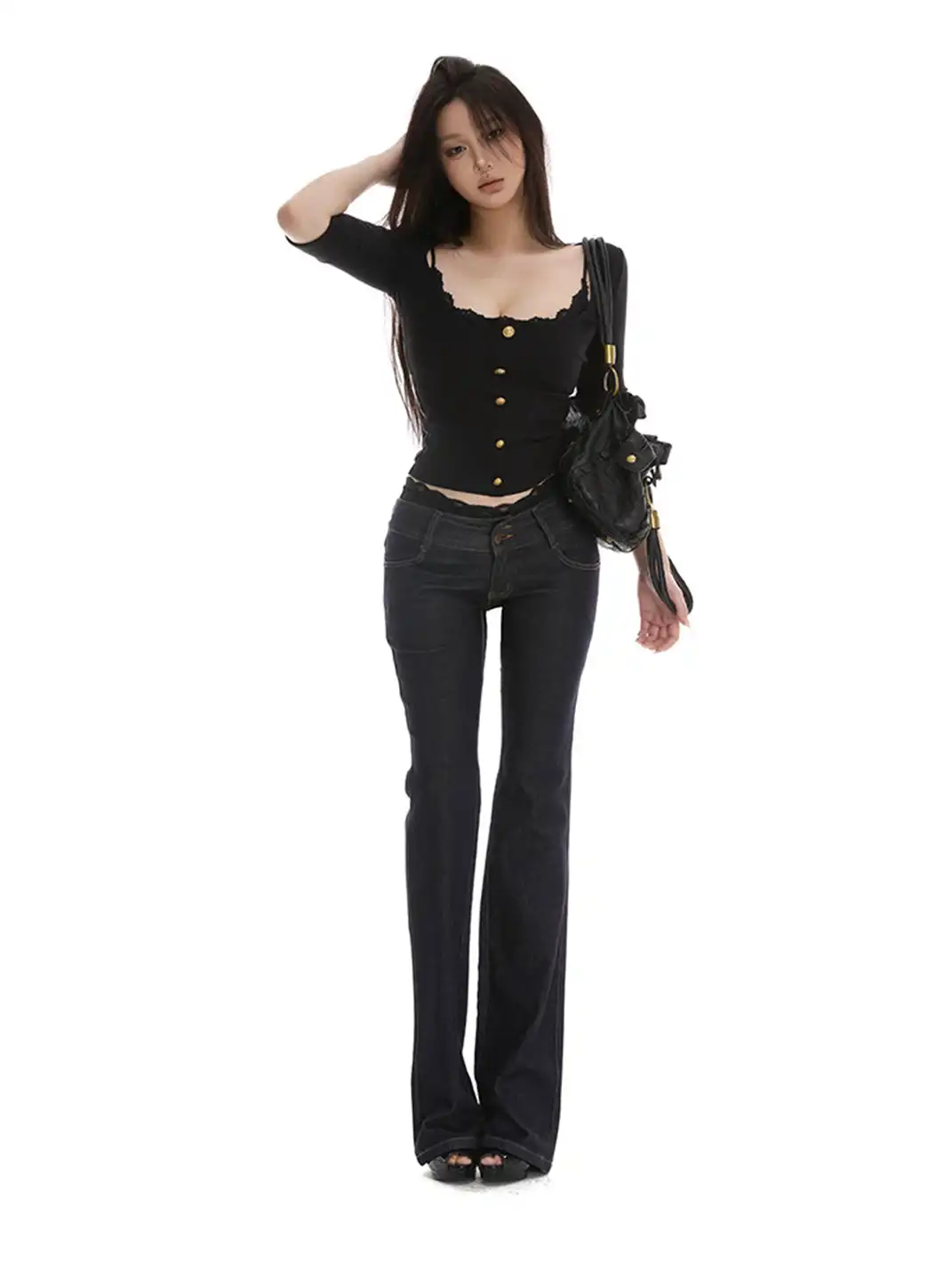 itsdinn | Square Neck Short Top With Gold Buttons