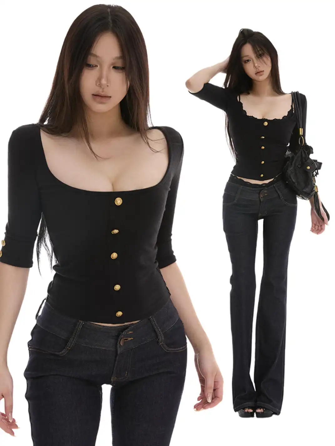 itsdinn | Square Neck Short Top With Gold Buttons