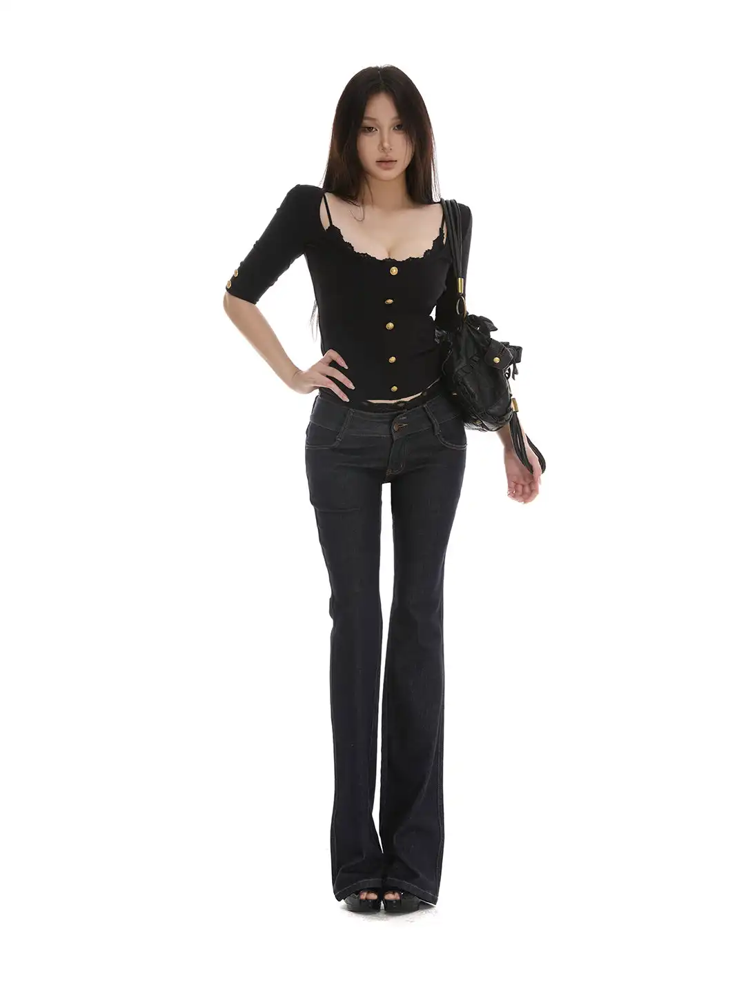 itsdinn | Square Neck Short Top With Gold Buttons