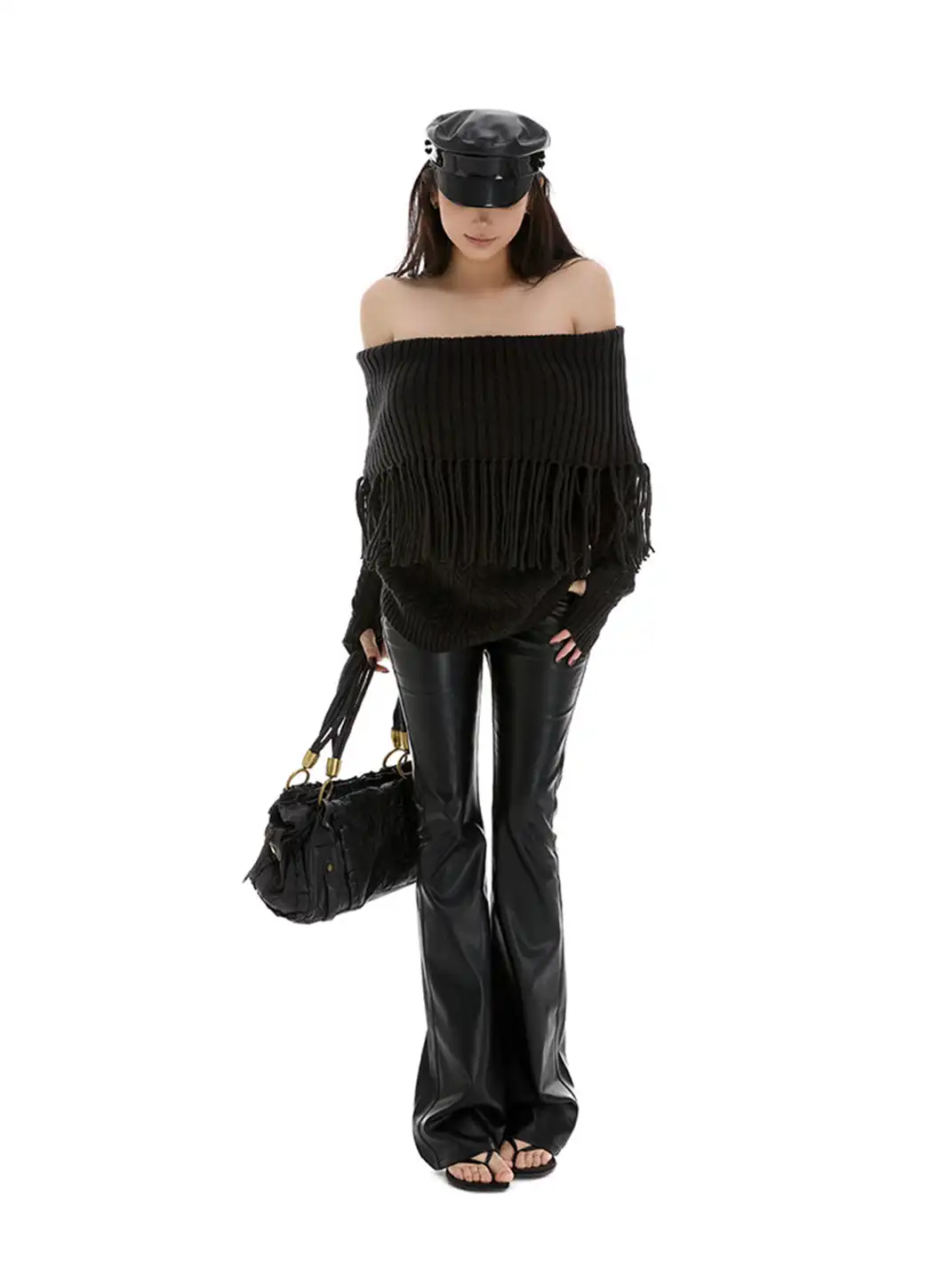 itsdinn | Off-The-Shoulder Tassel Patchwork Sweater