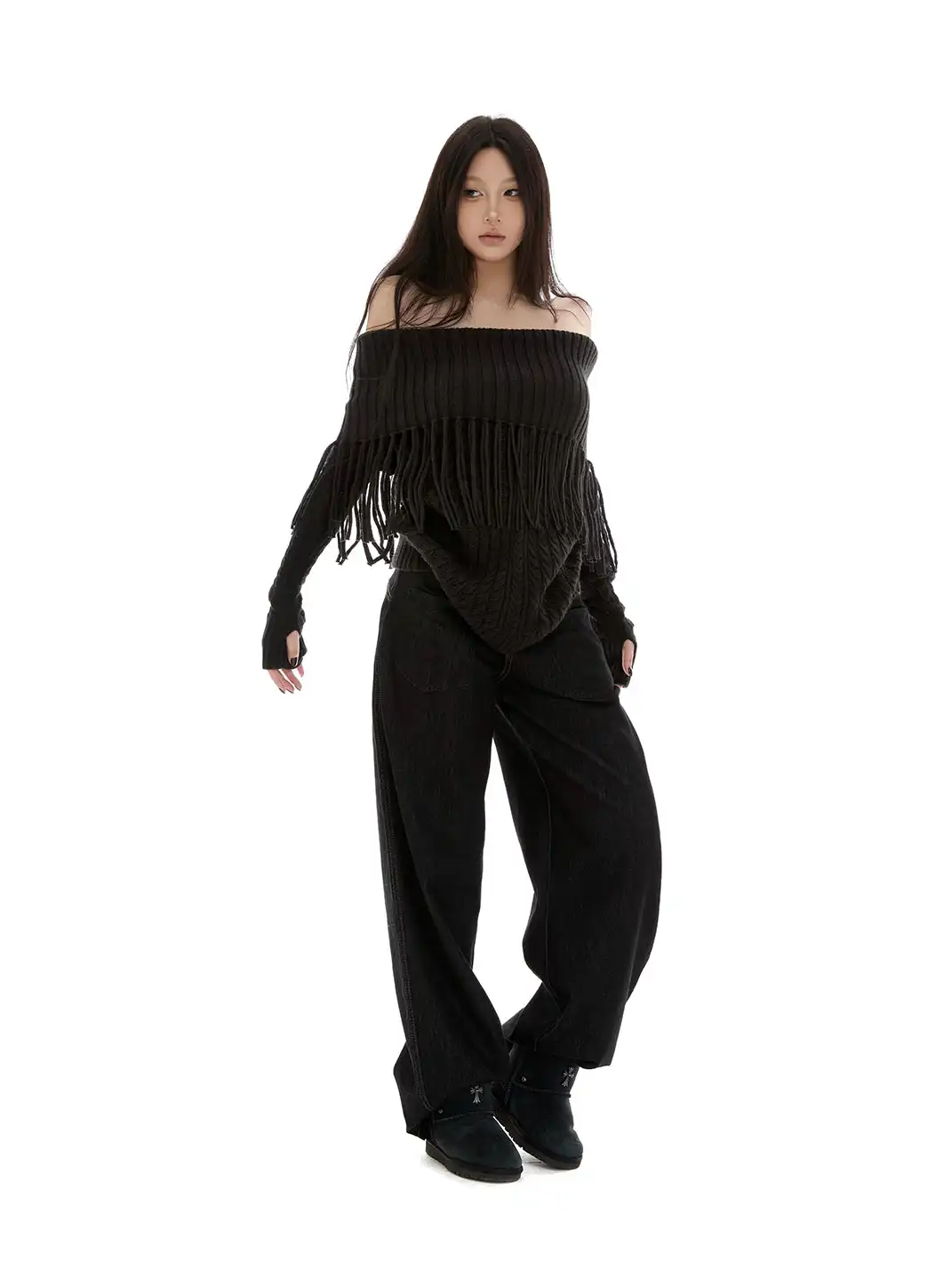 itsdinn | Off-The-Shoulder Tassel Patchwork Sweater