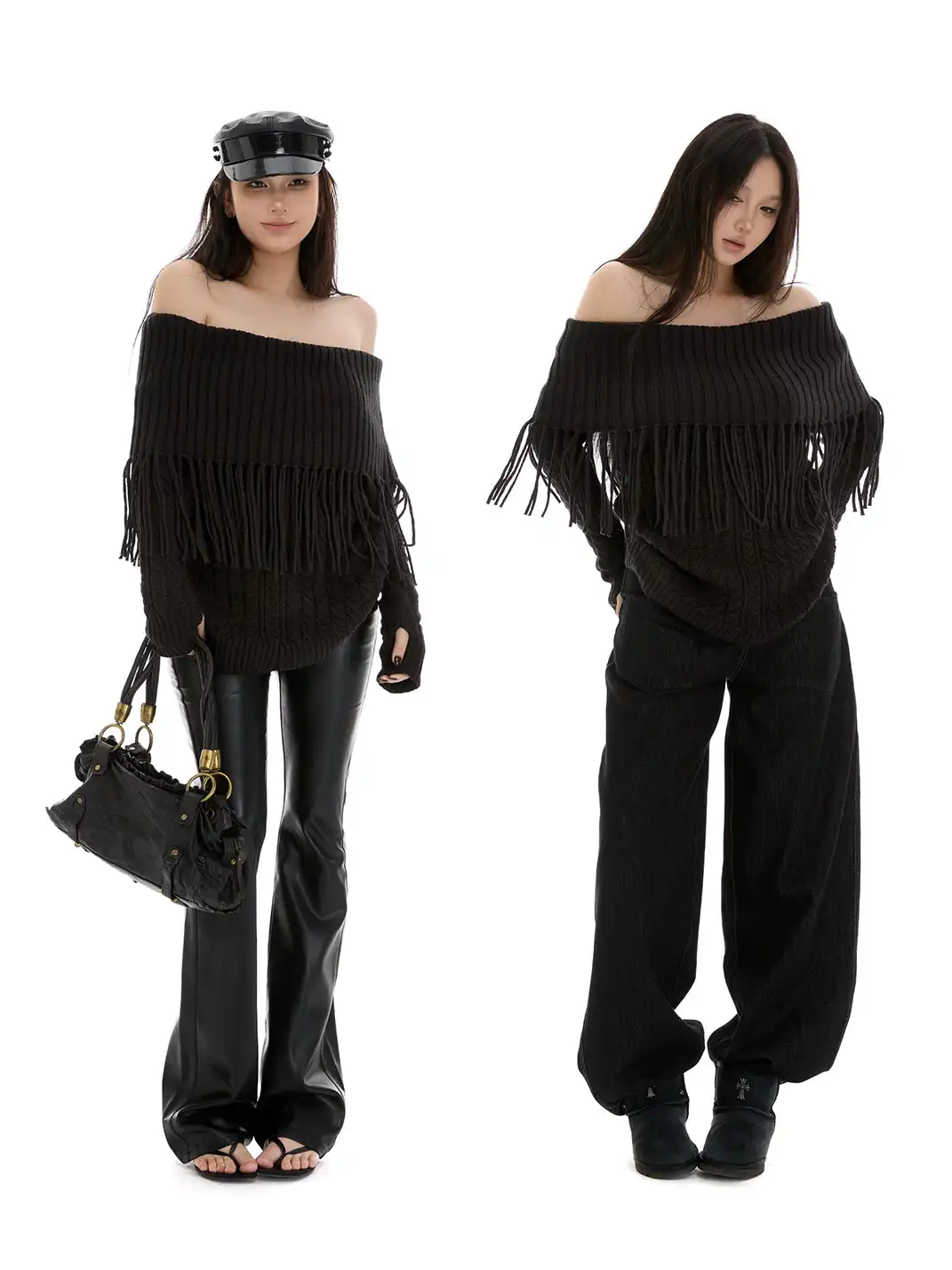 itsdinn | Off-The-Shoulder Tassel Patchwork Sweater