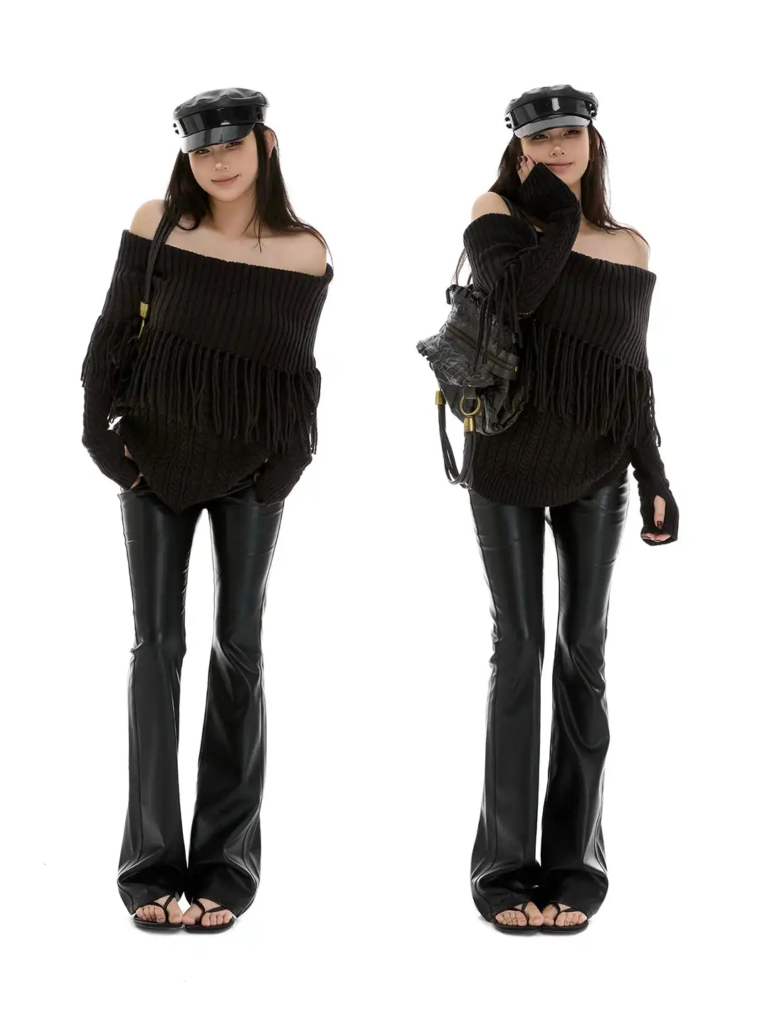 itsdinn | Off-The-Shoulder Tassel Patchwork Sweater