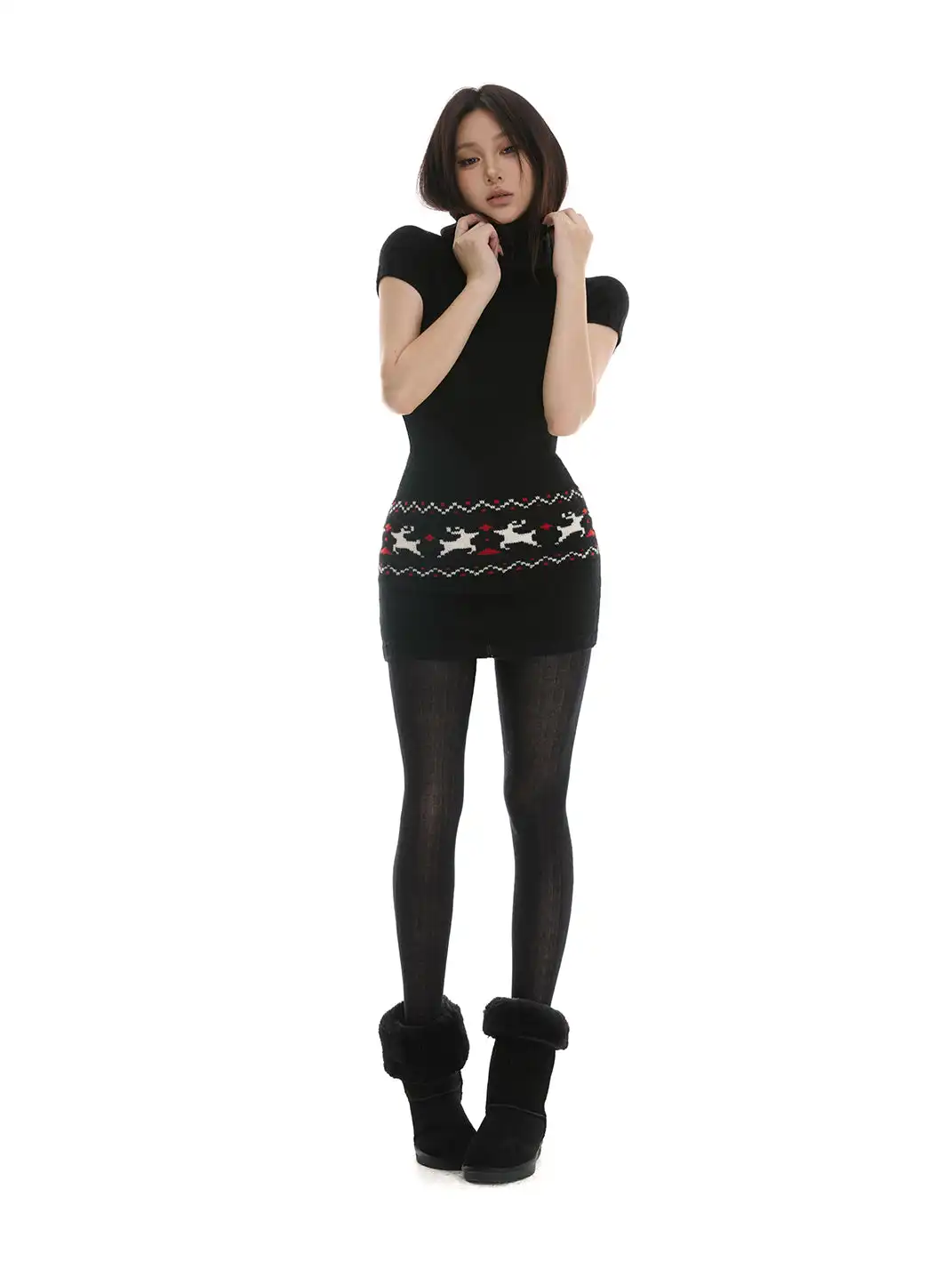 itsdinn | Color-Blocked Fair Isle Reindeer Knit Dress