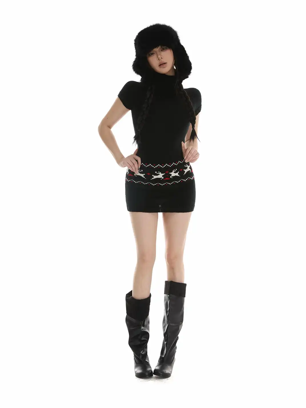 itsdinn | Color-Blocked Fair Isle Reindeer Knit Dress
