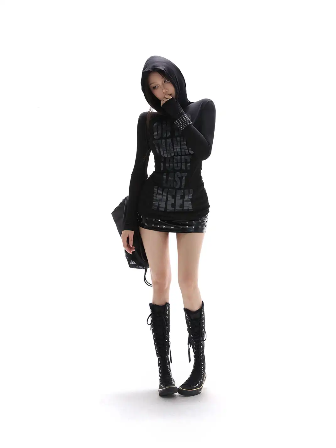 itsdinn | Printed Hooded Long-Sleeved Shirt