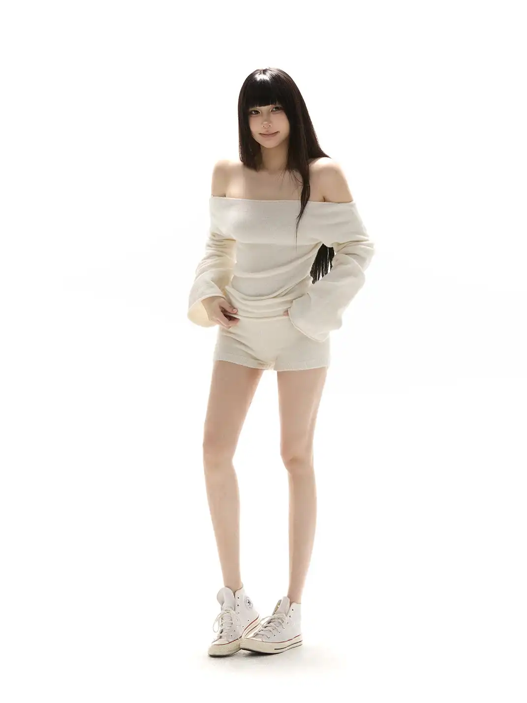 itsdinn | Off-The-Shoulder Fitted Knit Top And Shorts Two-Piece Set