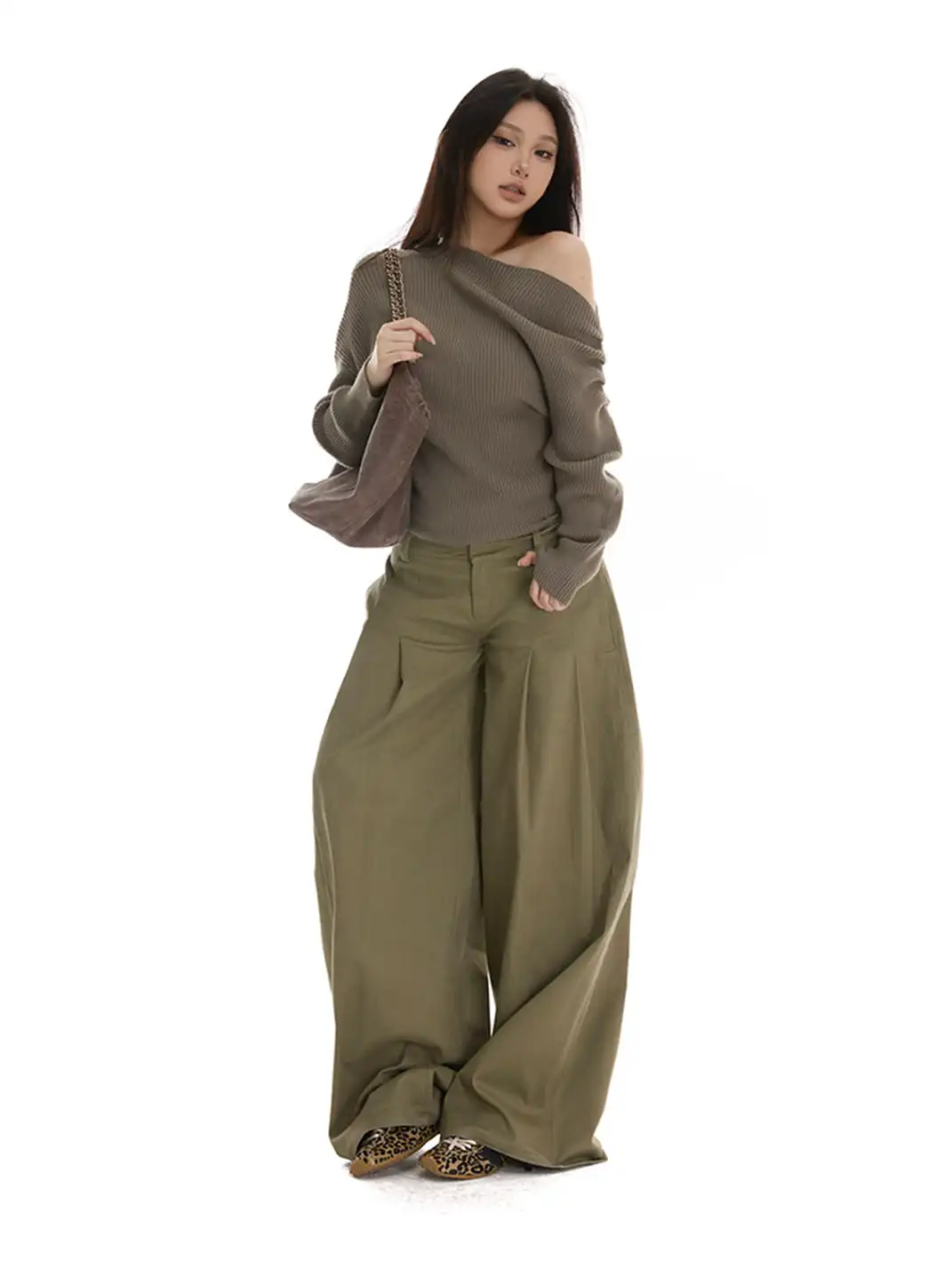 itsdinn | Off-Shoulder Vertical Striped Knit Sweater
