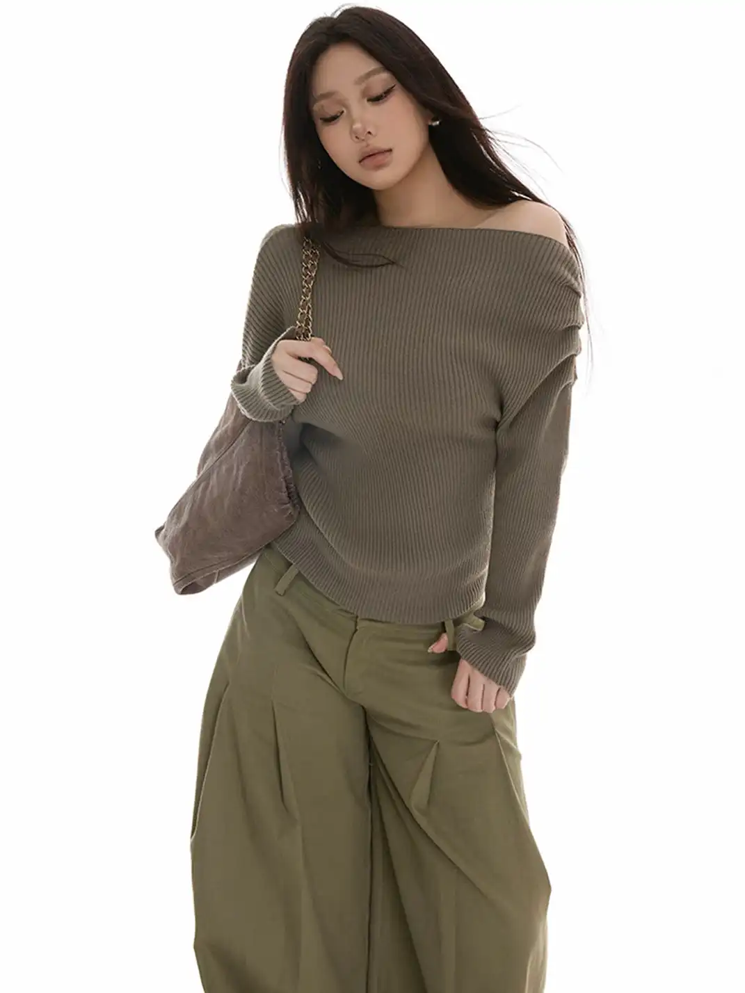 itsdinn | Off-Shoulder Vertical Striped Knit Sweater