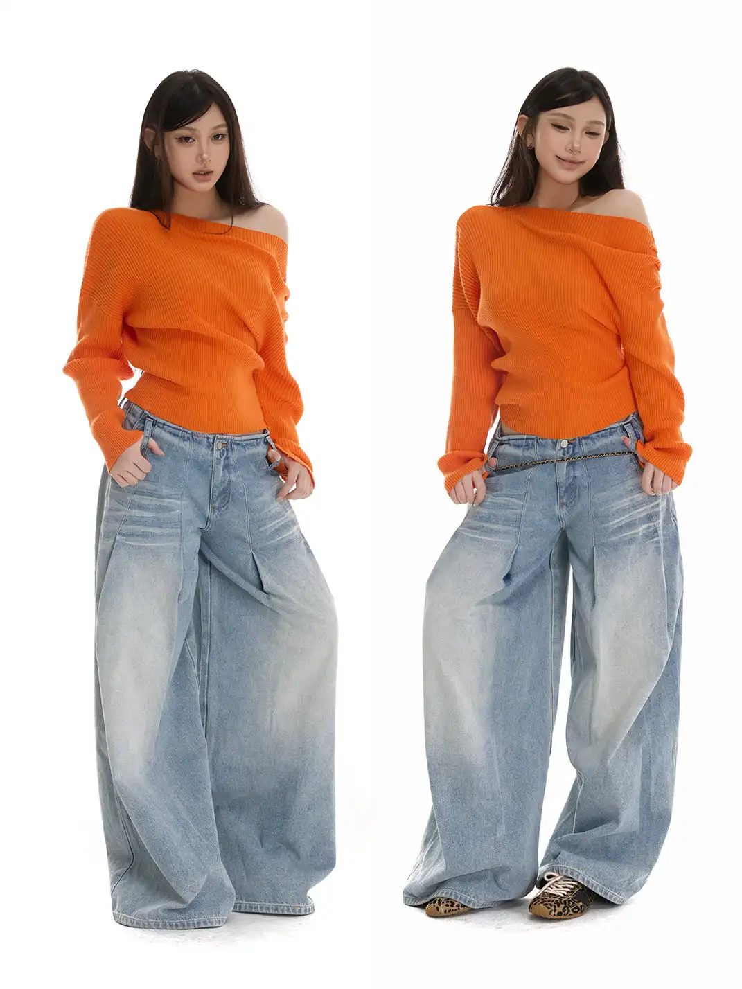 itsdinn | Off-Shoulder Vertical Striped Knit Sweater
