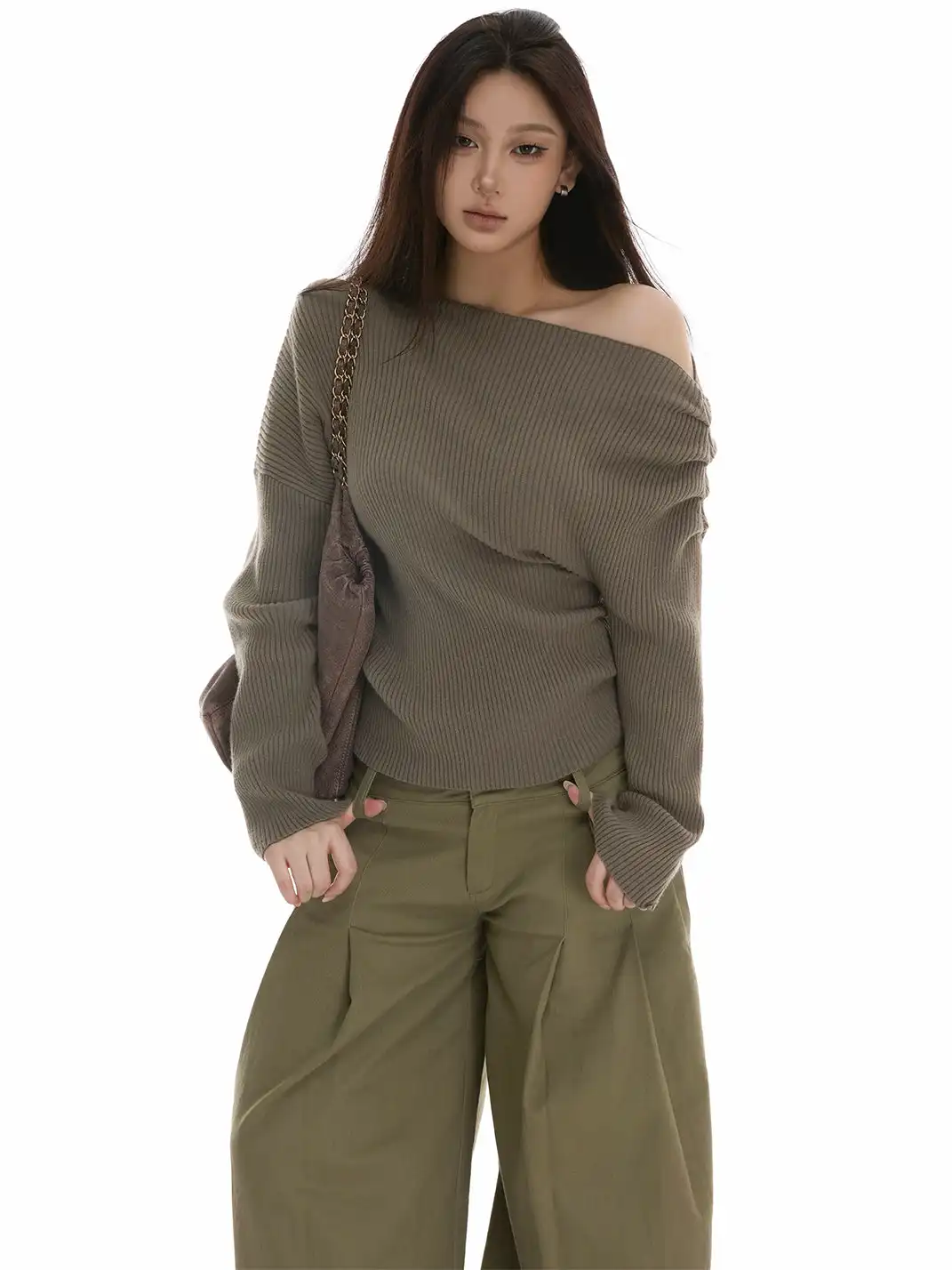 itsdinn | Off-Shoulder Vertical Striped Knit Sweater