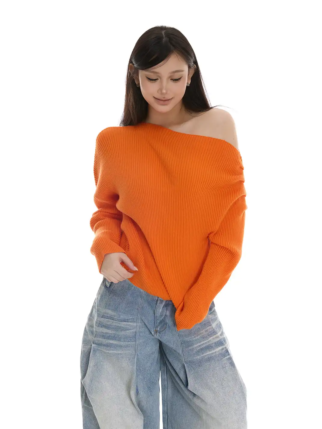 itsdinn | Off-Shoulder Vertical Striped Knit Sweater