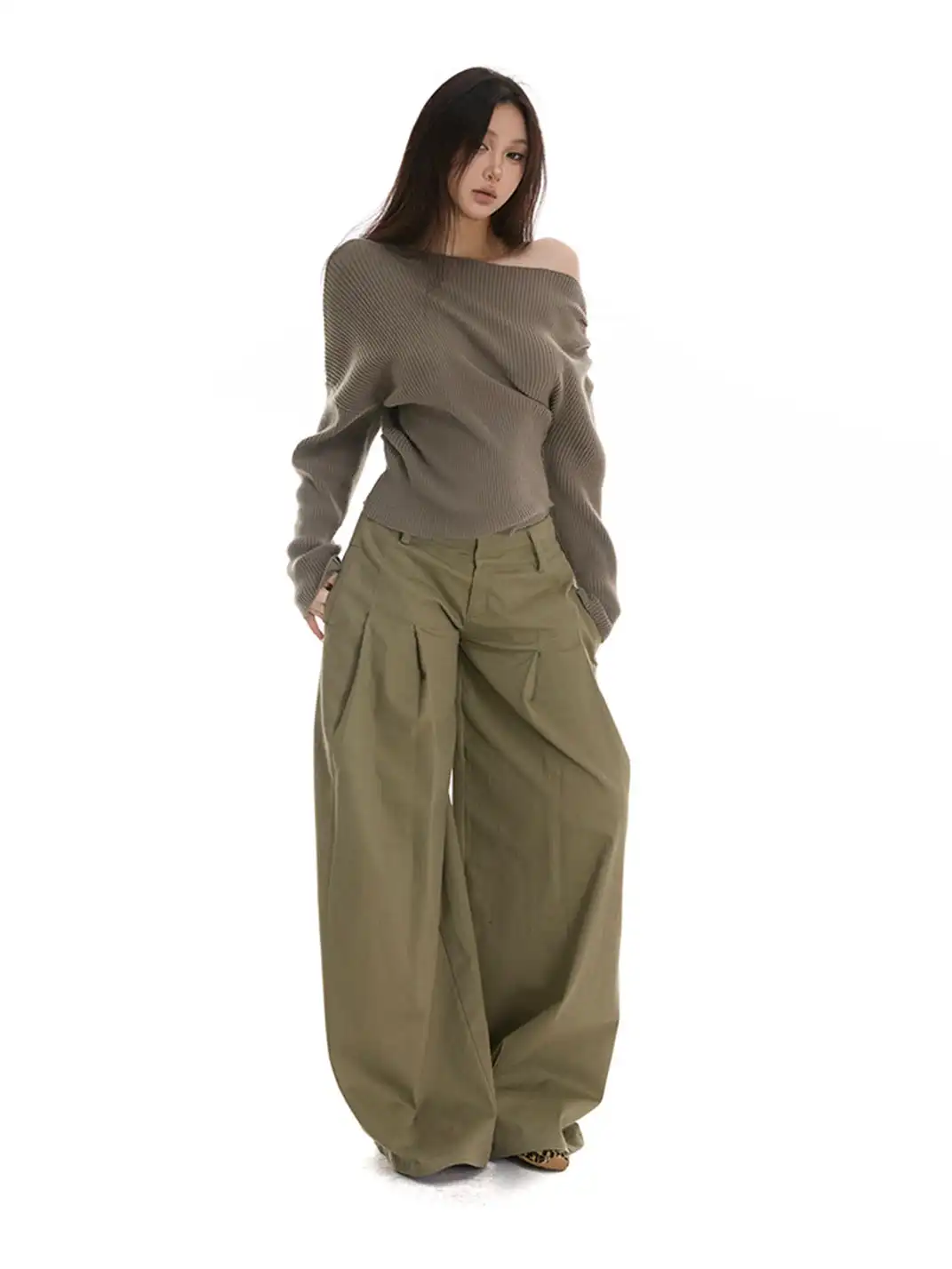 itsdinn | Off-Shoulder Vertical Striped Knit Sweater
