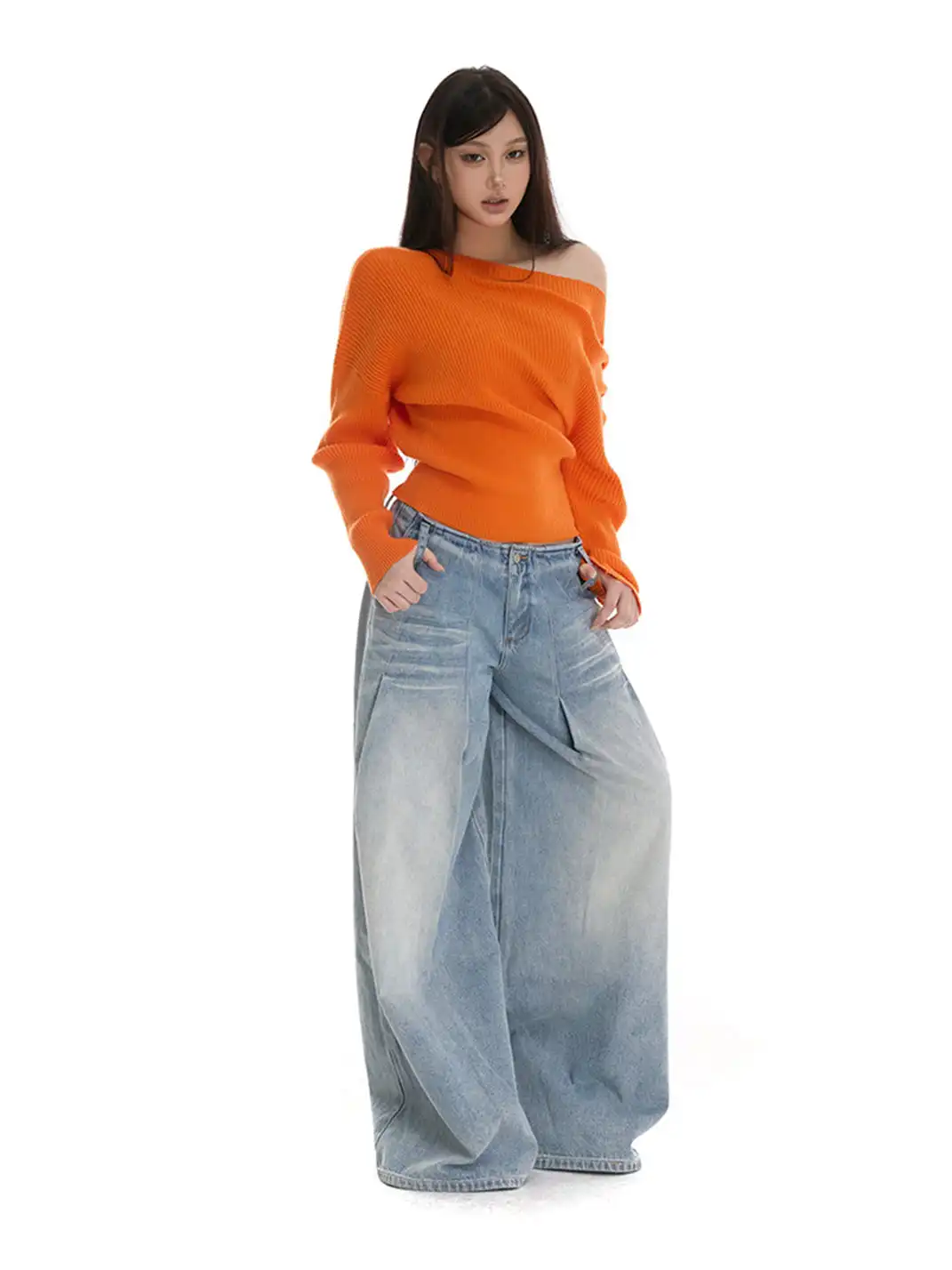 itsdinn | Off-Shoulder Vertical Striped Knit Sweater