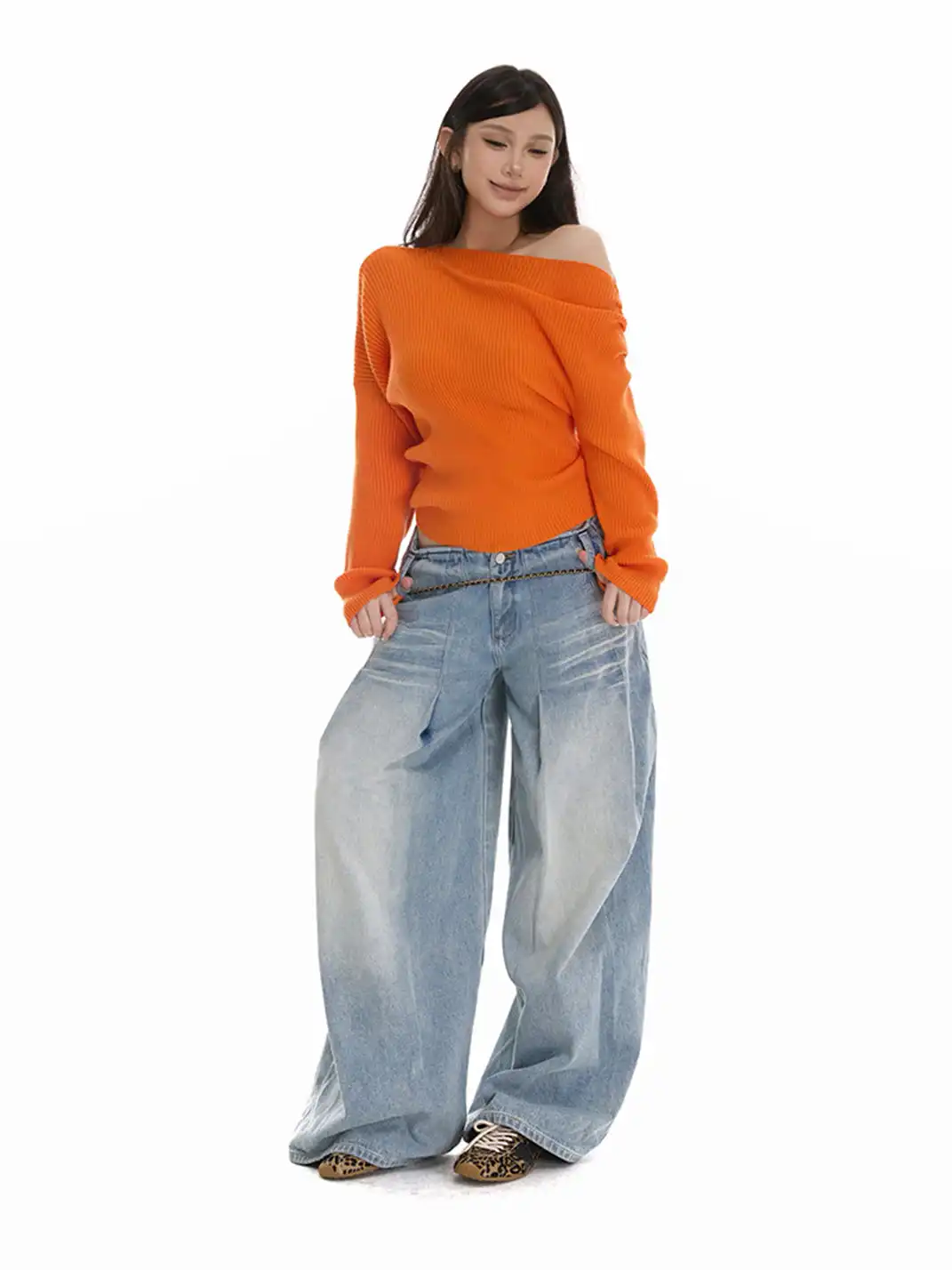 itsdinn | Off-Shoulder Vertical Striped Knit Sweater