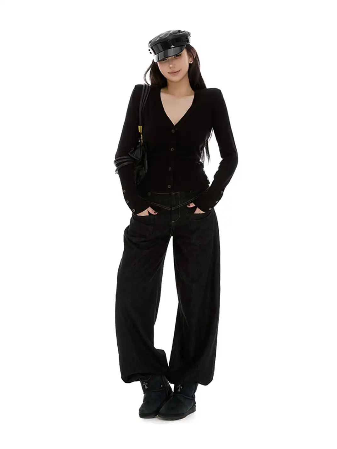 itsdinn | Black Padded Shoulder V-Neck Cardigan Sweater