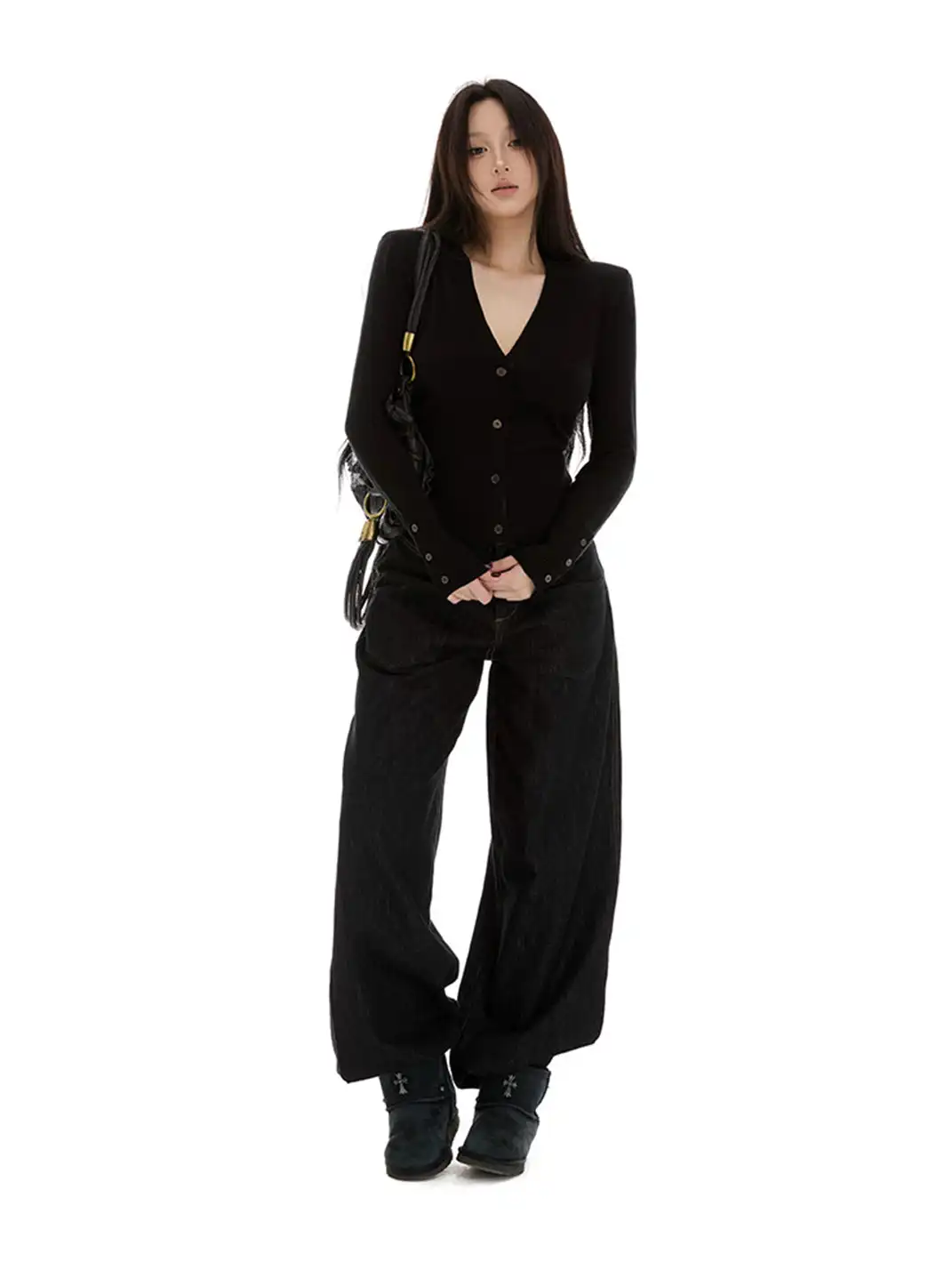 itsdinn | Black Padded Shoulder V-Neck Cardigan Sweater