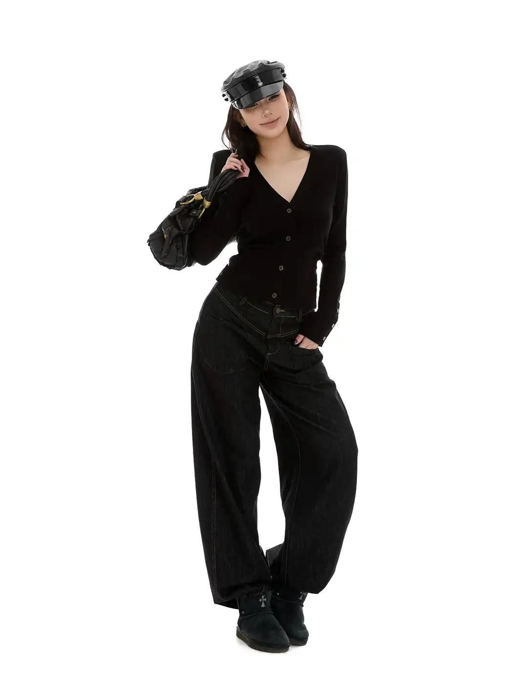 itsdinn | Black Padded Shoulder V-Neck Cardigan Sweater