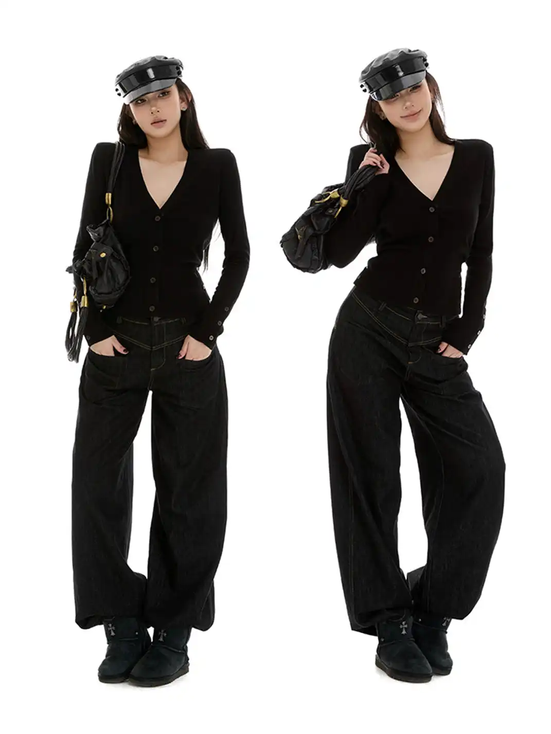 itsdinn | Black Padded Shoulder V-Neck Cardigan Sweater