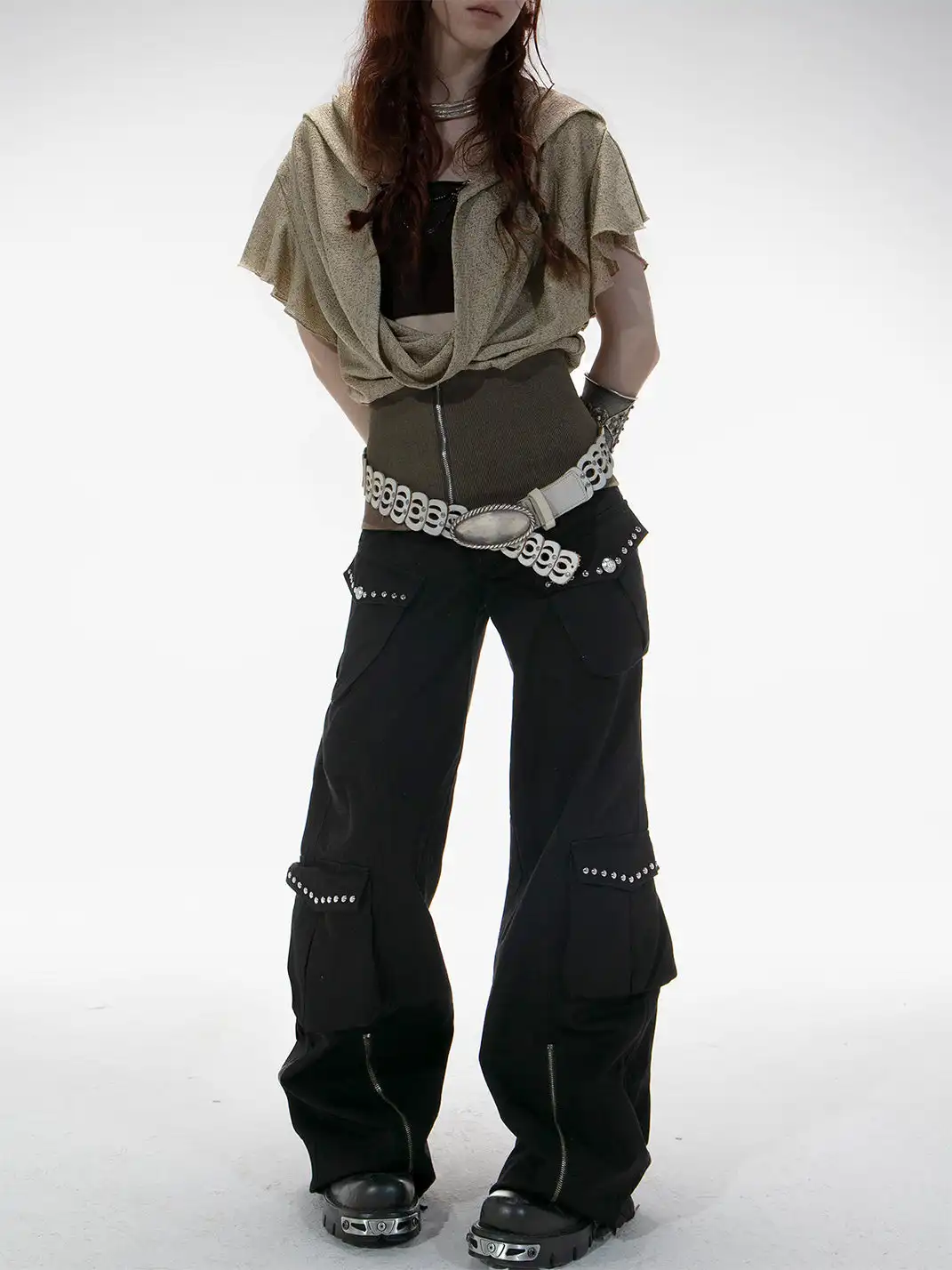 DoublePunch | Distressed Straight-Leg Wide-Leg Cargo Pants