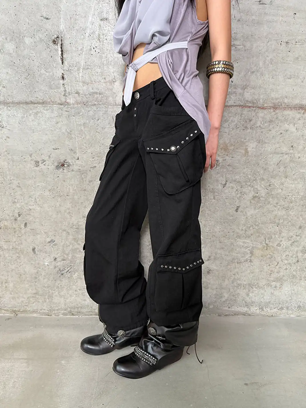 DoublePunch | Distressed Straight-Leg Wide-Leg Cargo Pants