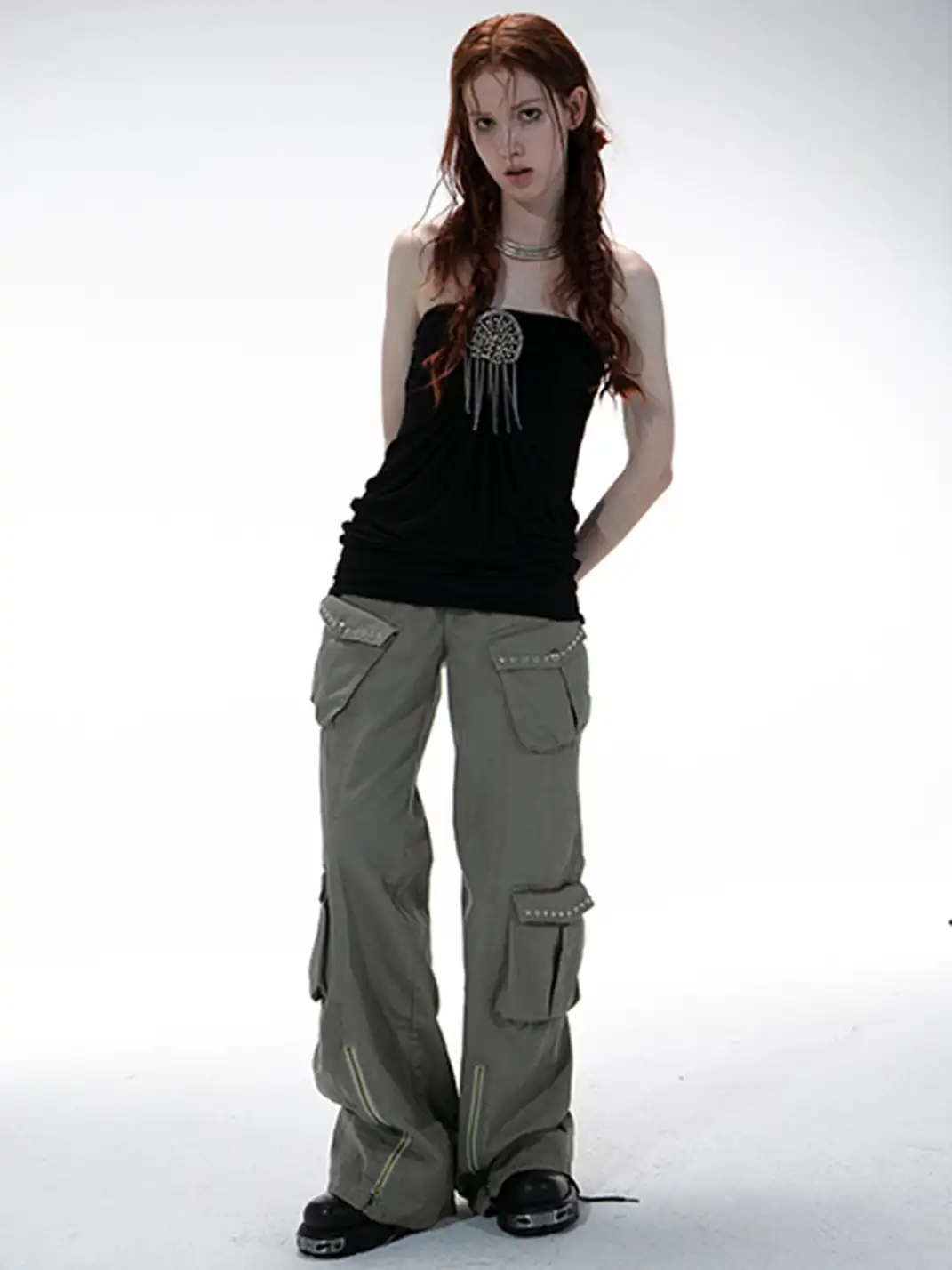 DoublePunch | Distressed Straight-Leg Wide-Leg Cargo Pants