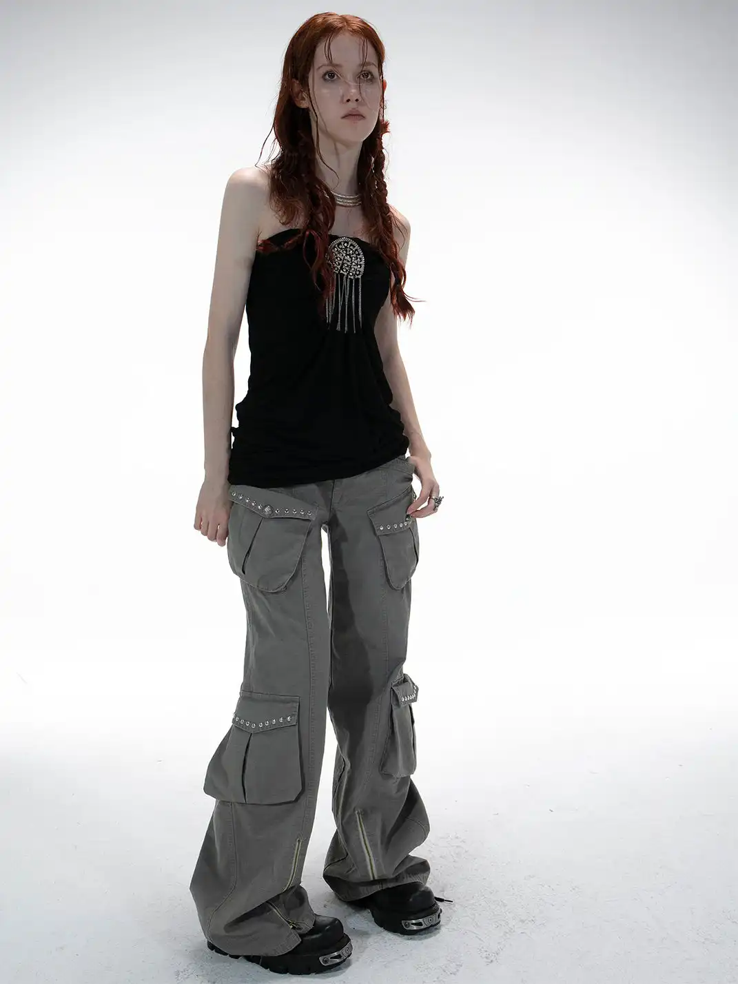 DoublePunch | Distressed Straight-Leg Wide-Leg Cargo Pants