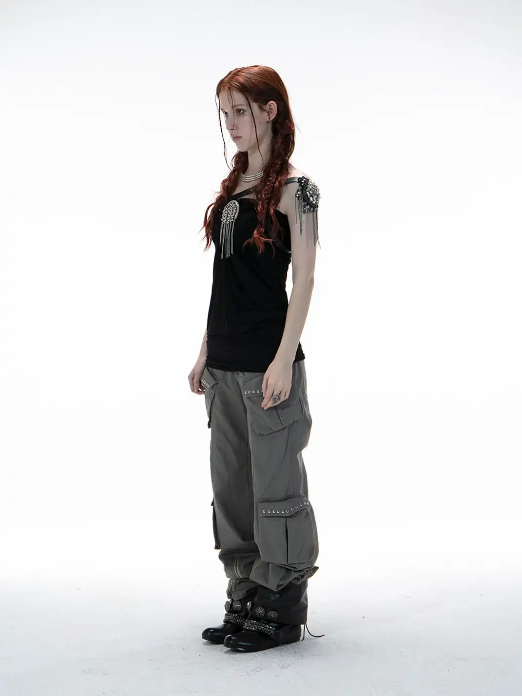 DoublePunch | Distressed Straight-Leg Wide-Leg Cargo Pants