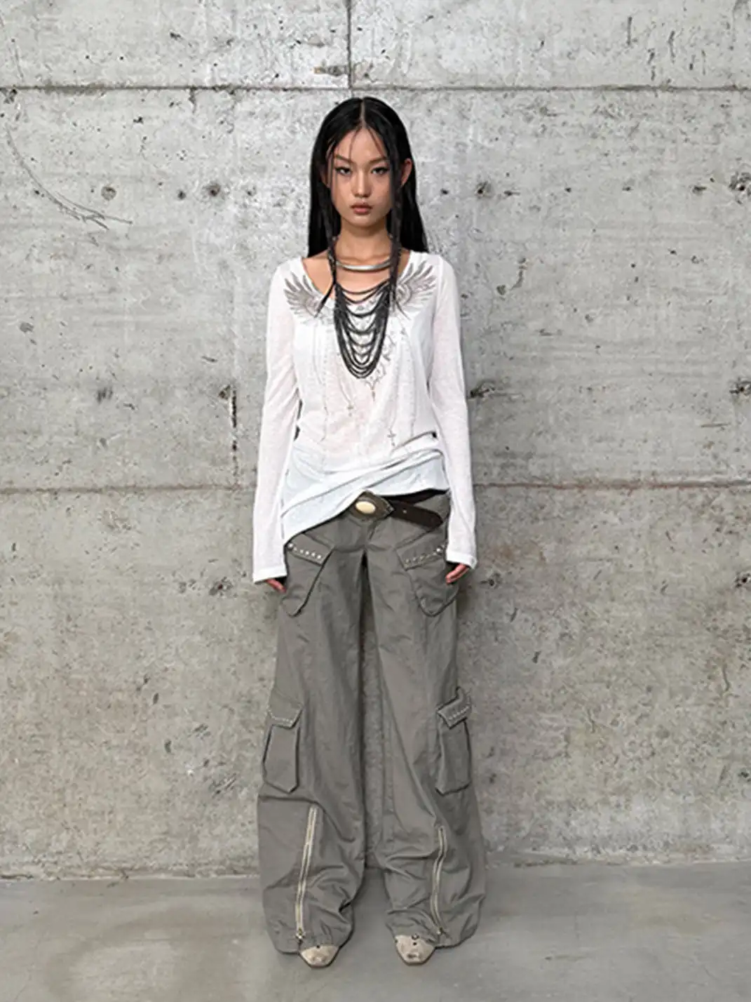 DoublePunch | Distressed Straight-Leg Wide-Leg Cargo Pants